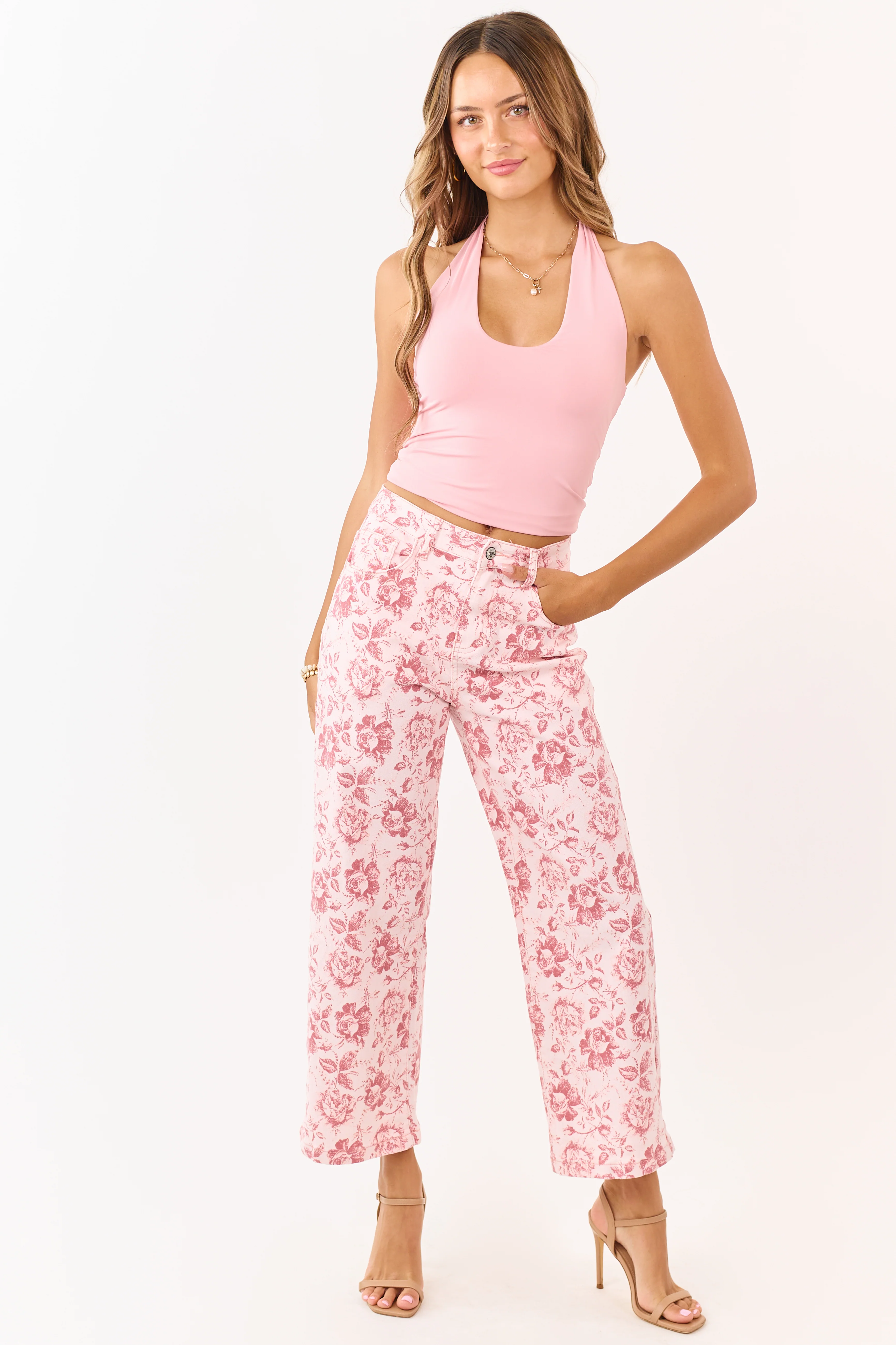 Carnation Vintage Rose Print Stretchy Wide Leg Jeans - Image 6