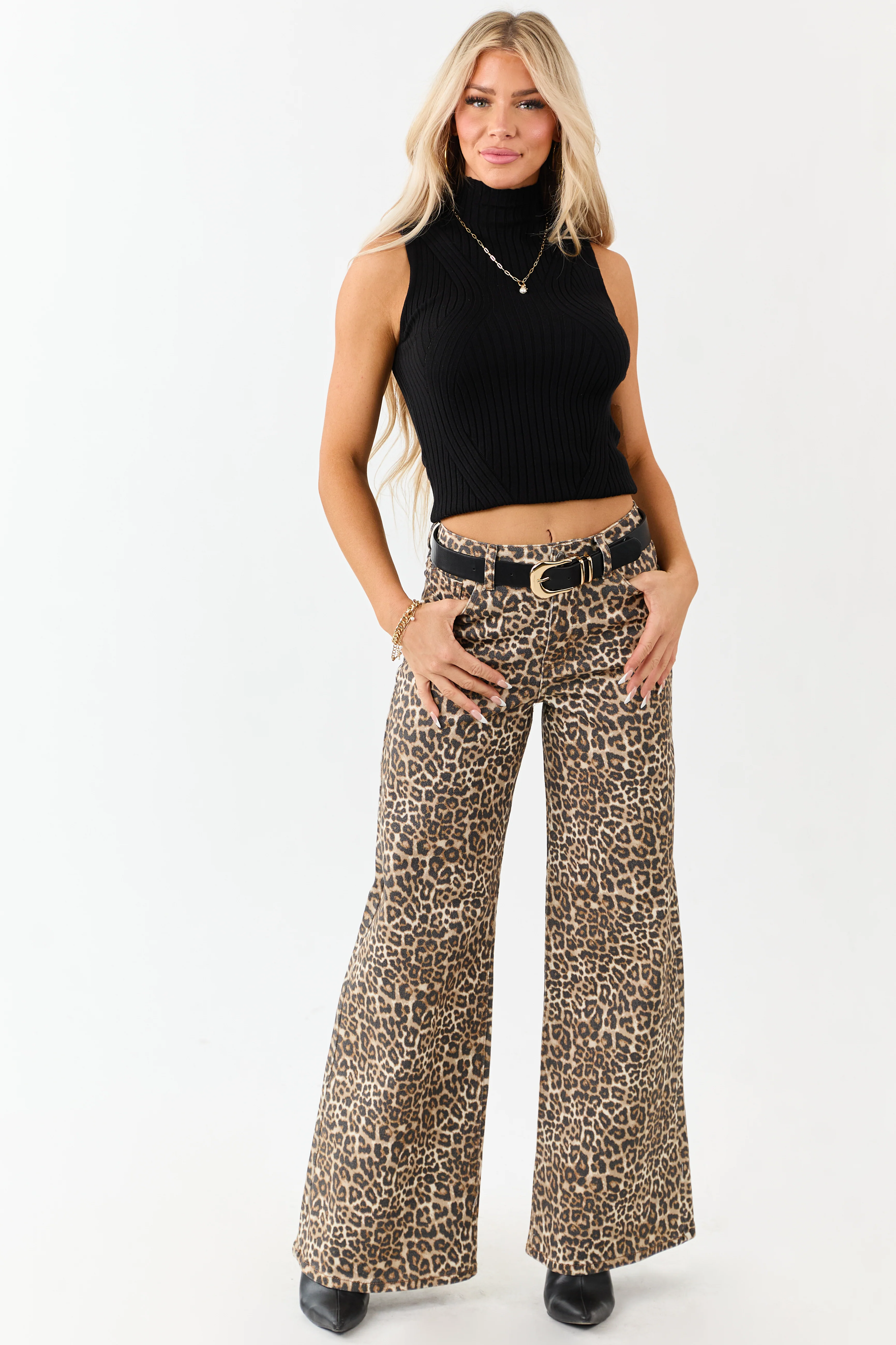 Cello Camel Leopard Print Wide Leg Stretchy Jeans - Image 5