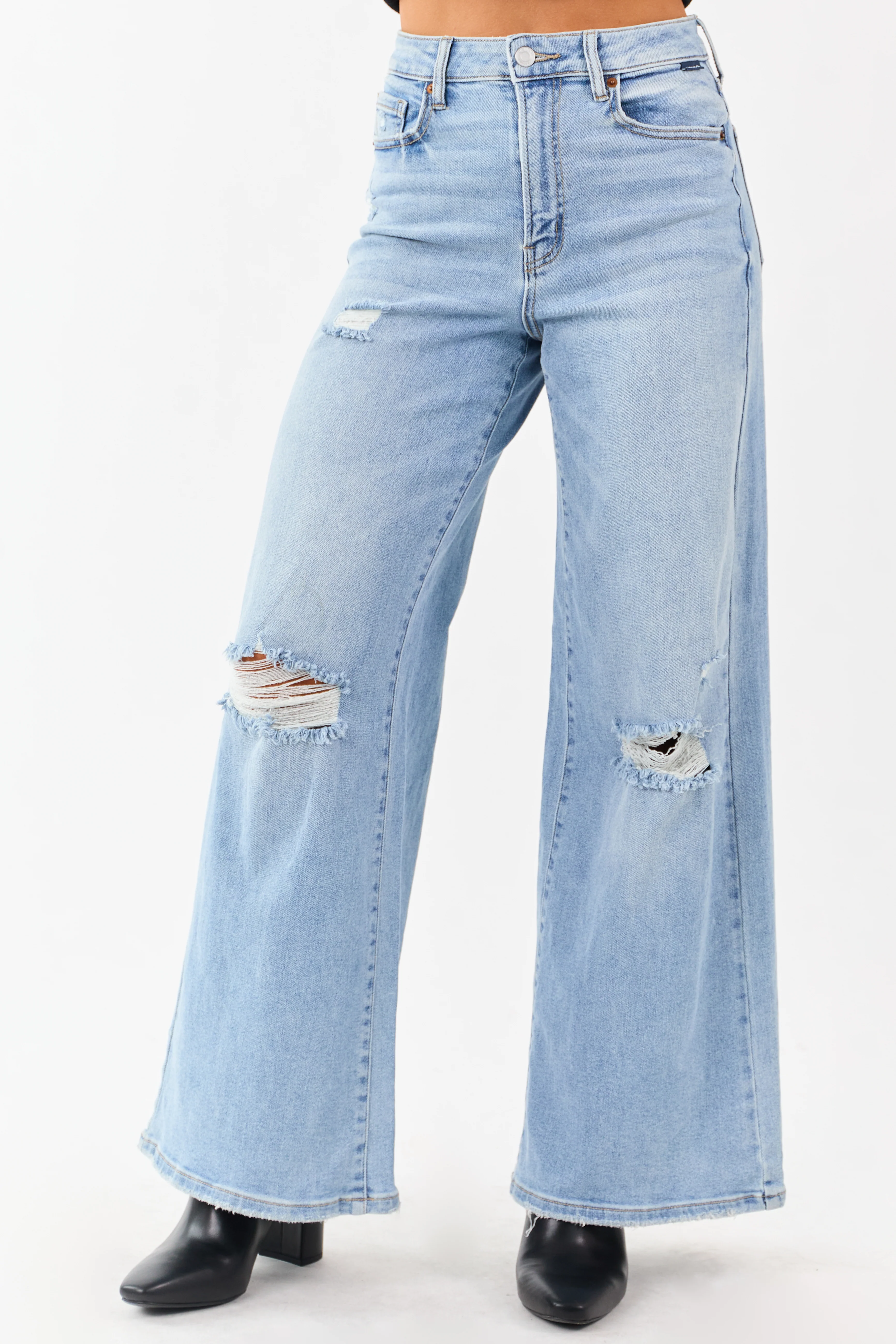 Cello Light High Rise Distressed Stretchy Wide Jeans - Image 2