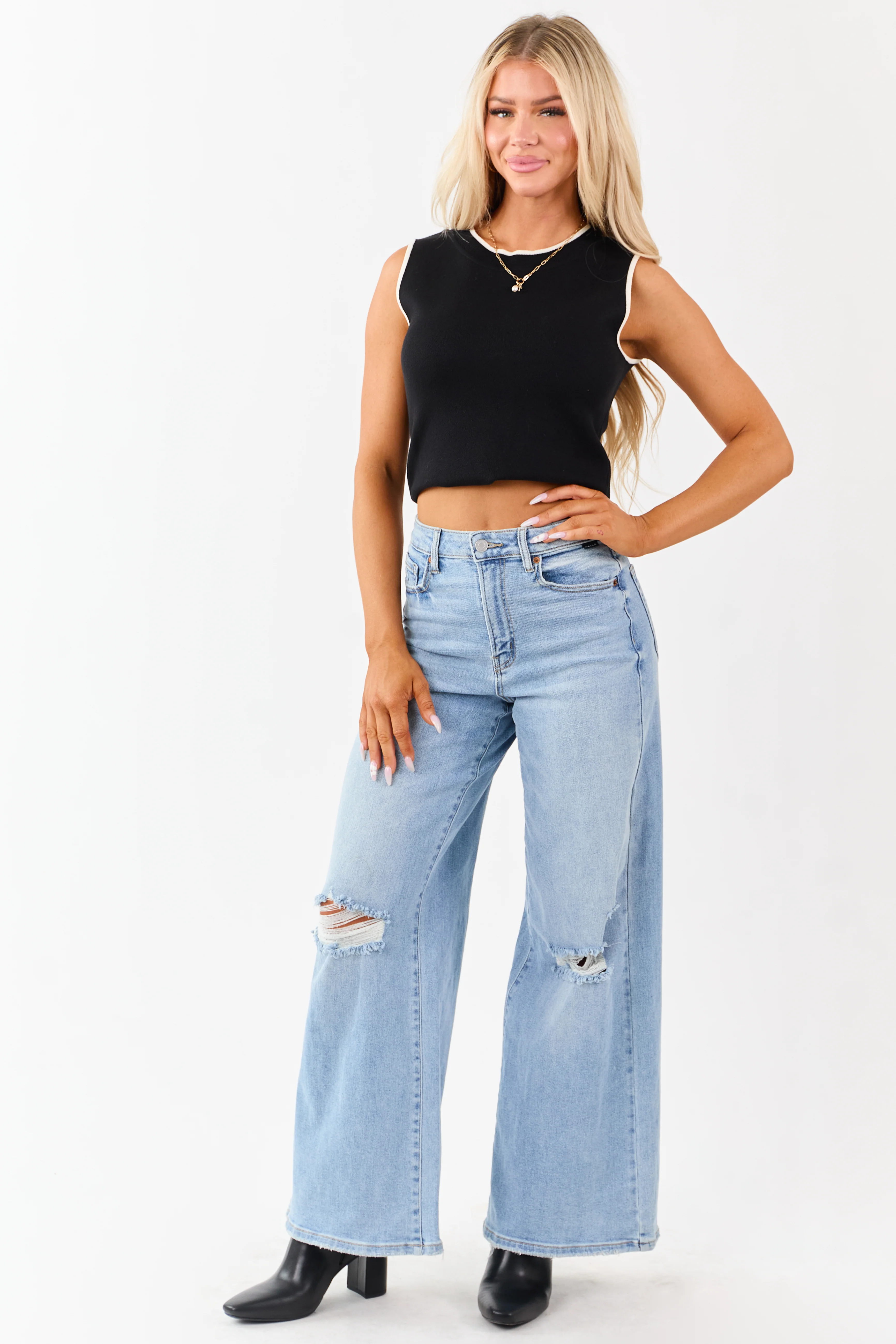 Cello Light High Rise Distressed Stretchy Wide Jeans - Image 3