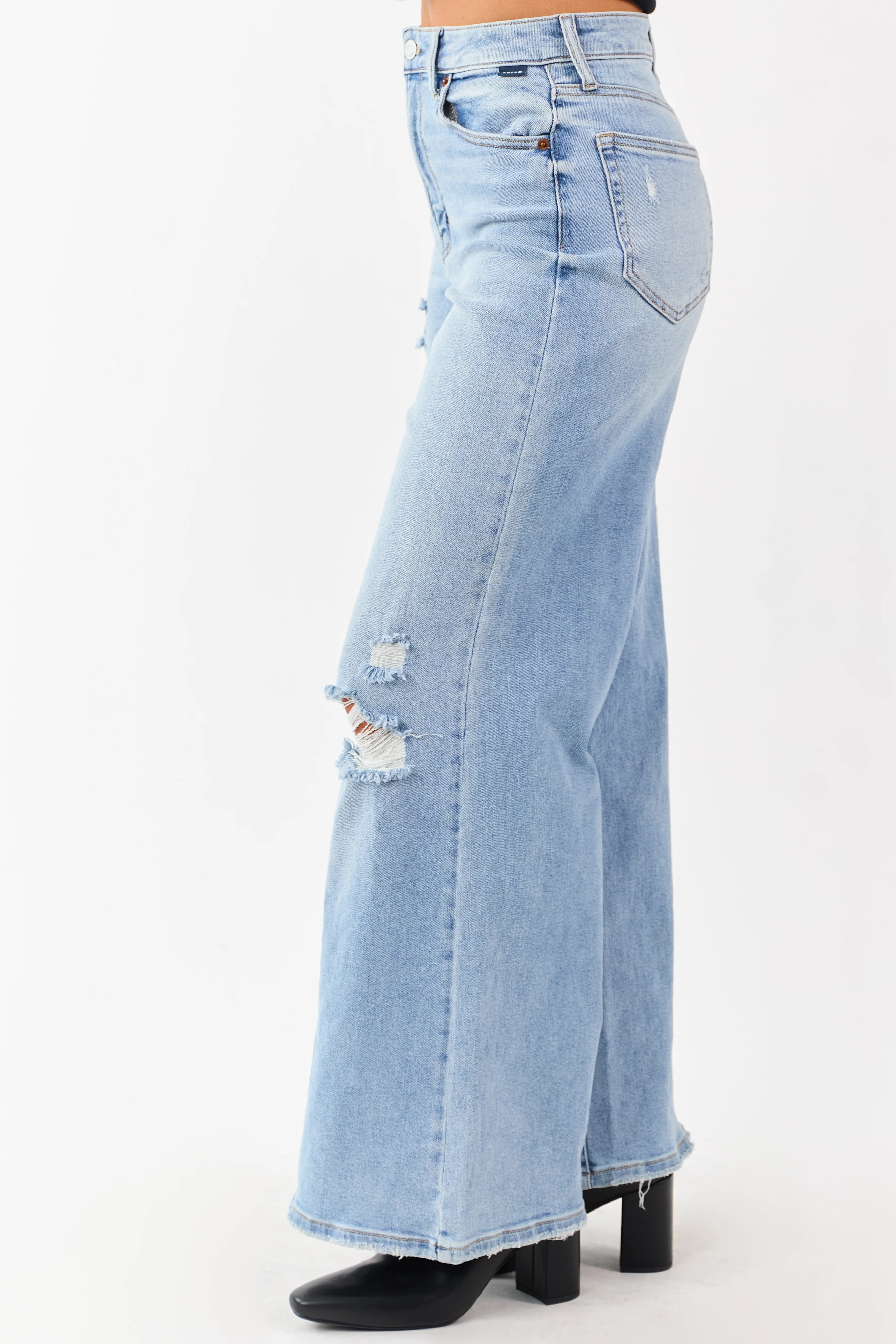 Cello Light High Rise Distressed Stretchy Wide Jeans - Image 4