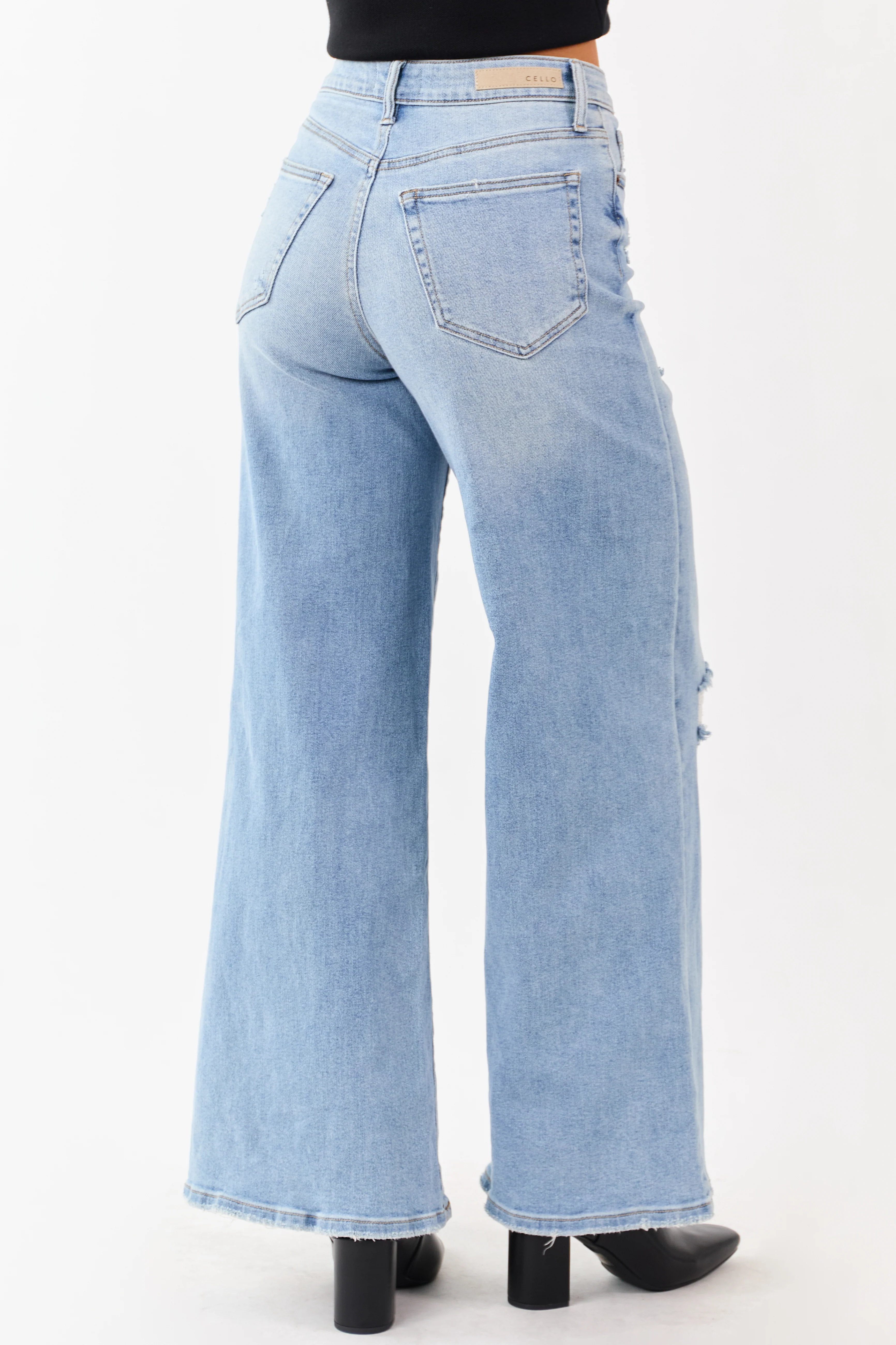 Cello Light High Rise Distressed Stretchy Wide Jeans - Image 5
