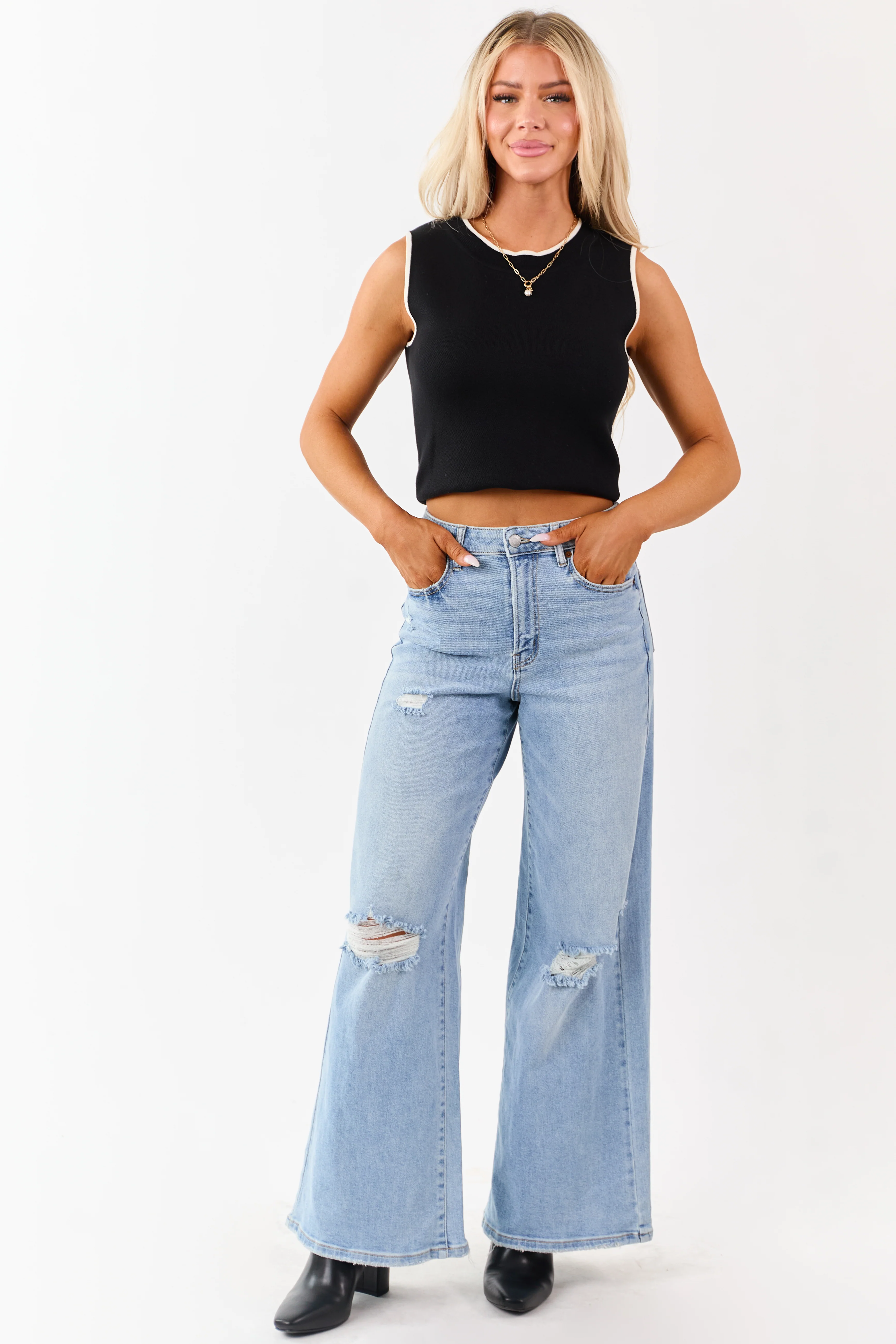 Cello Light High Rise Distressed Stretchy Wide Jeans - Image 6