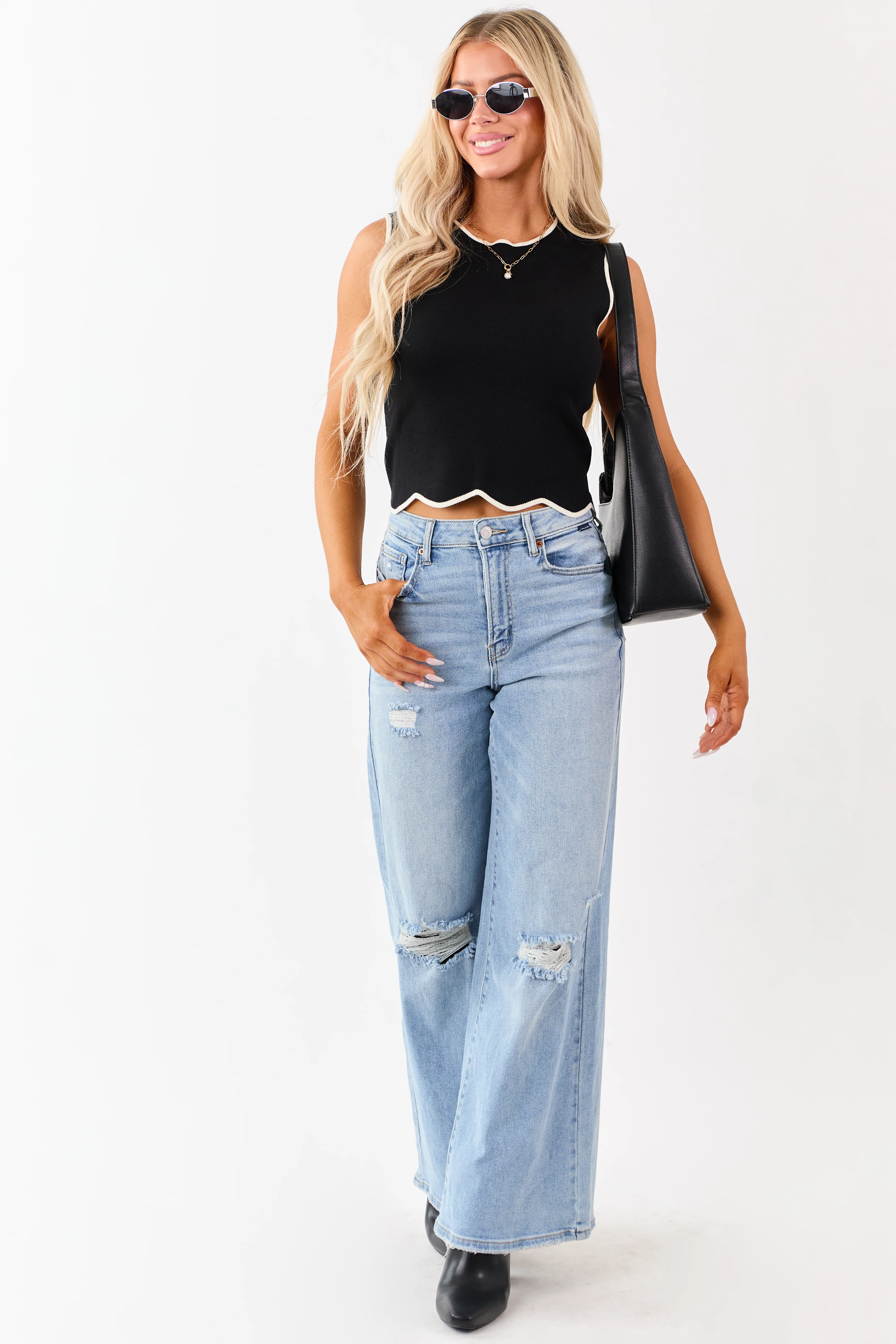 Cello Light High Rise Distressed Stretchy Wide Jeans - Image 7
