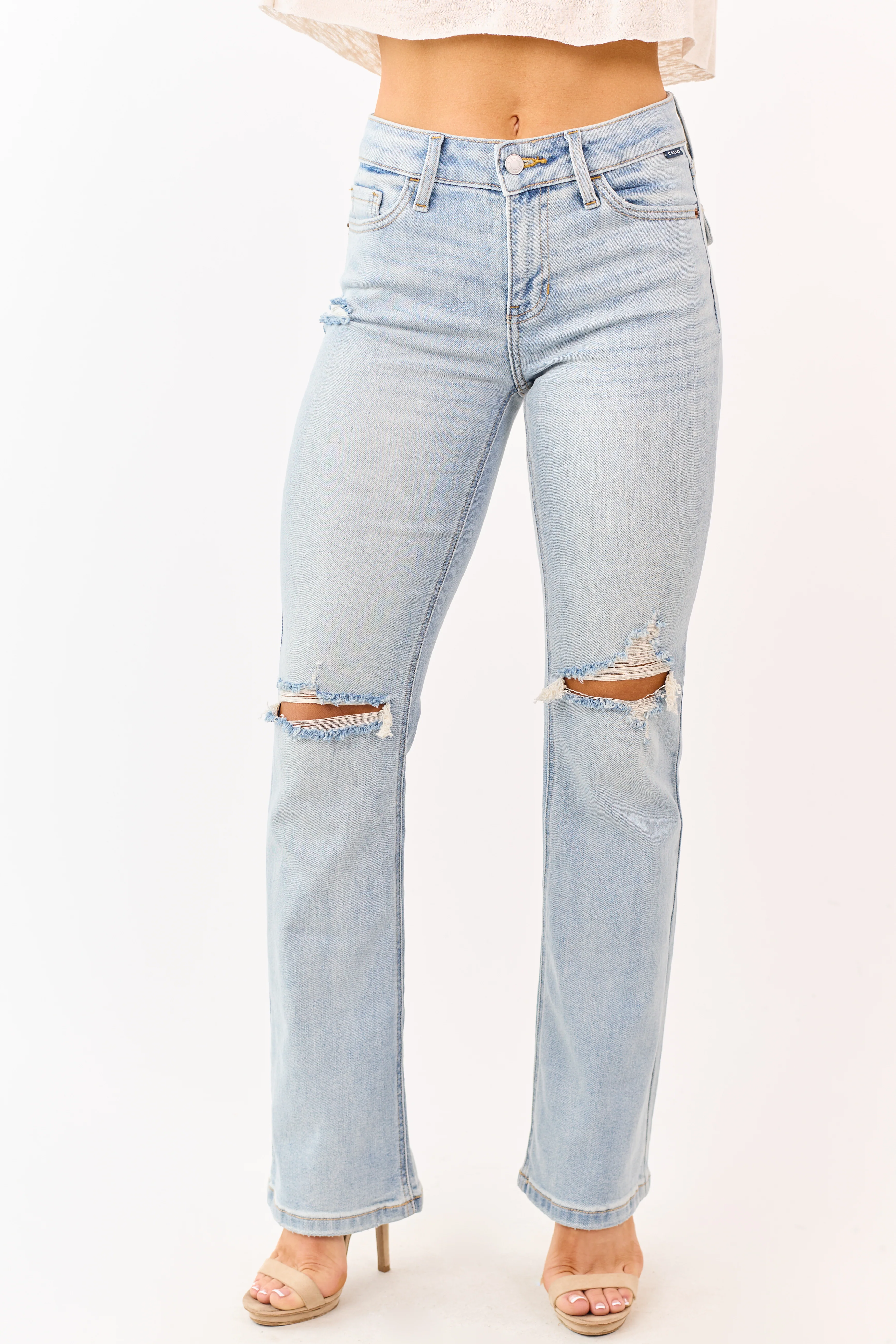 Cello Light Wash Distressed Stretchy Bootcut Jeans - Image 2