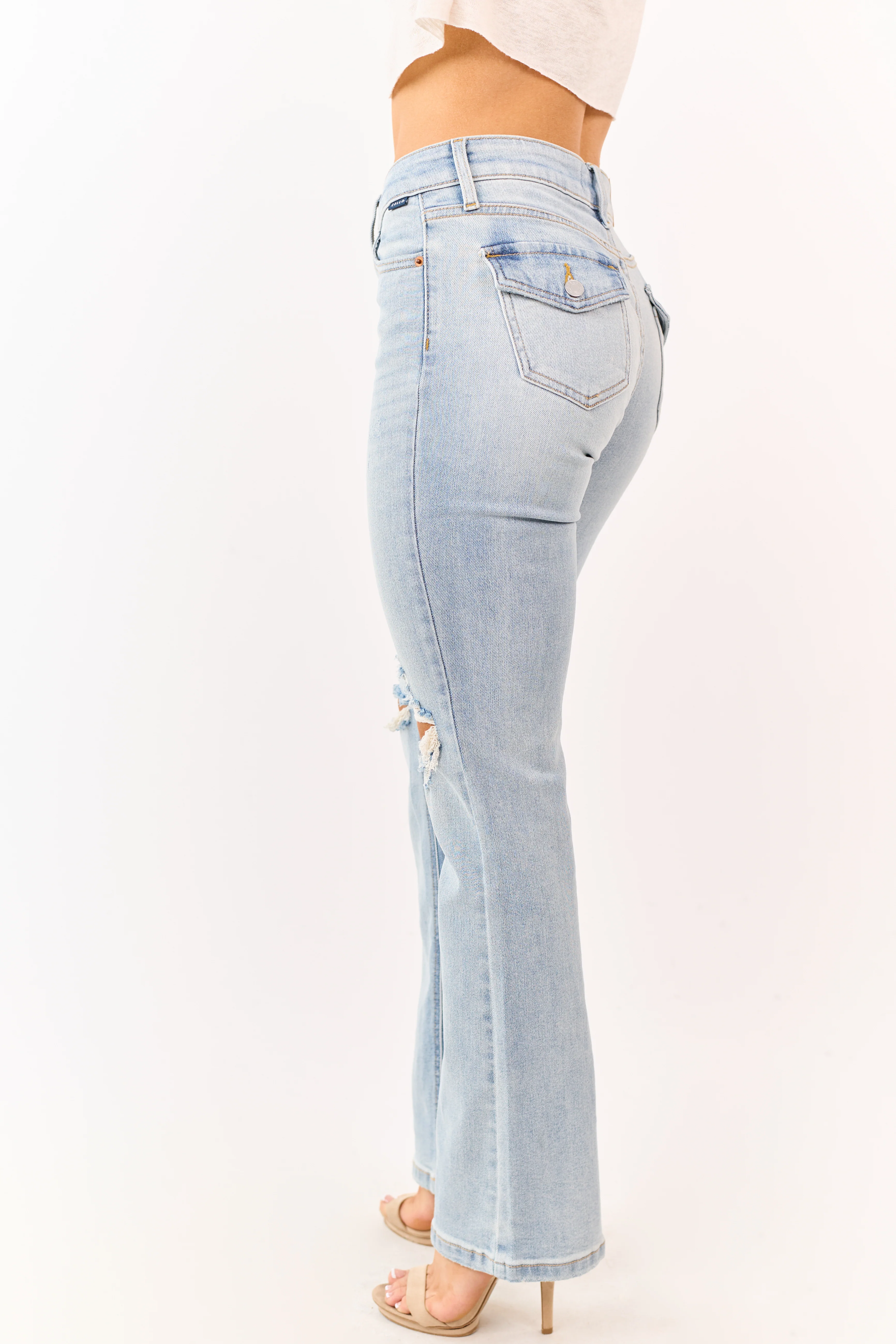 Cello Light Wash Distressed Stretchy Bootcut Jeans - Image 3