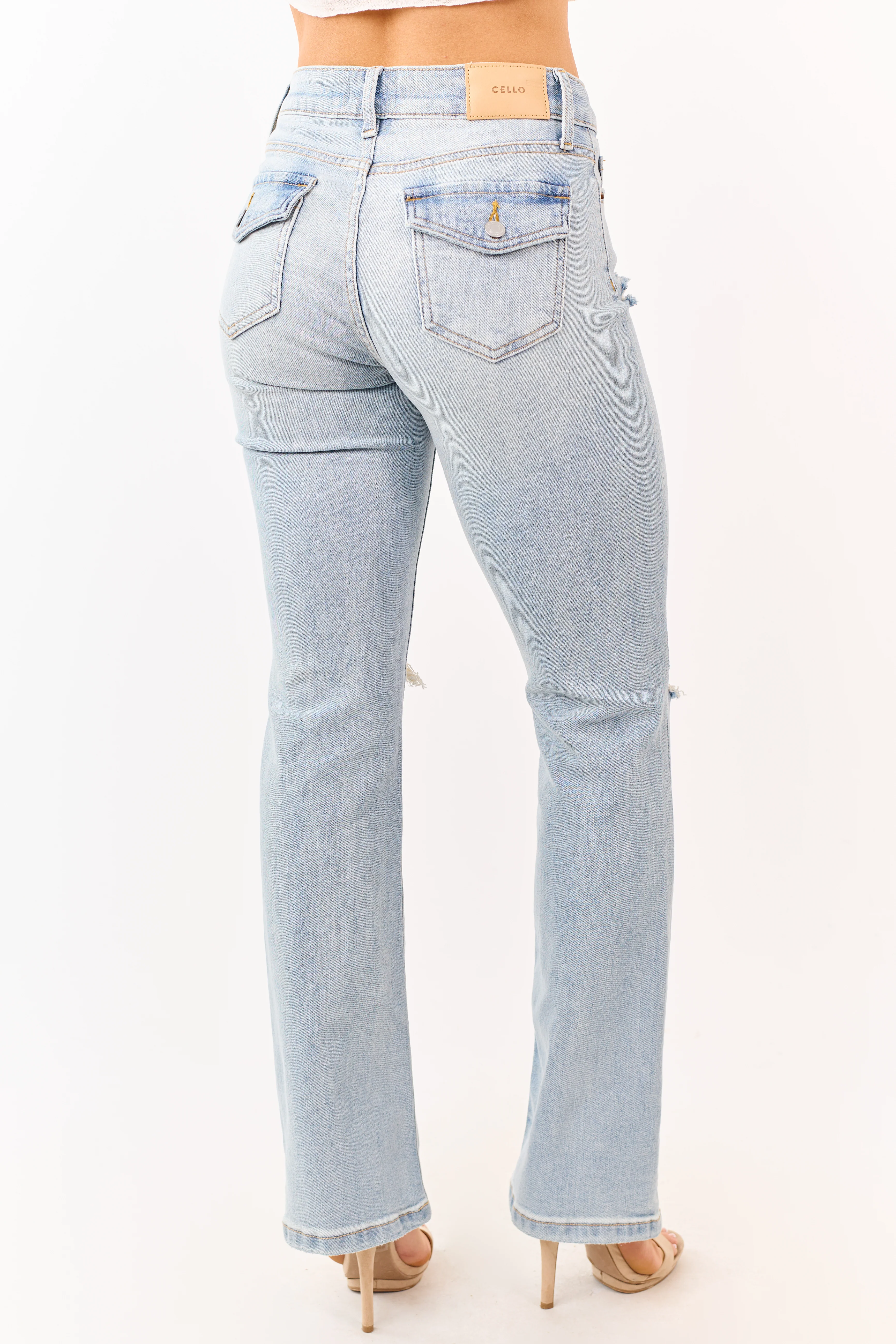 Cello Light Wash Distressed Stretchy Bootcut Jeans - Image 4