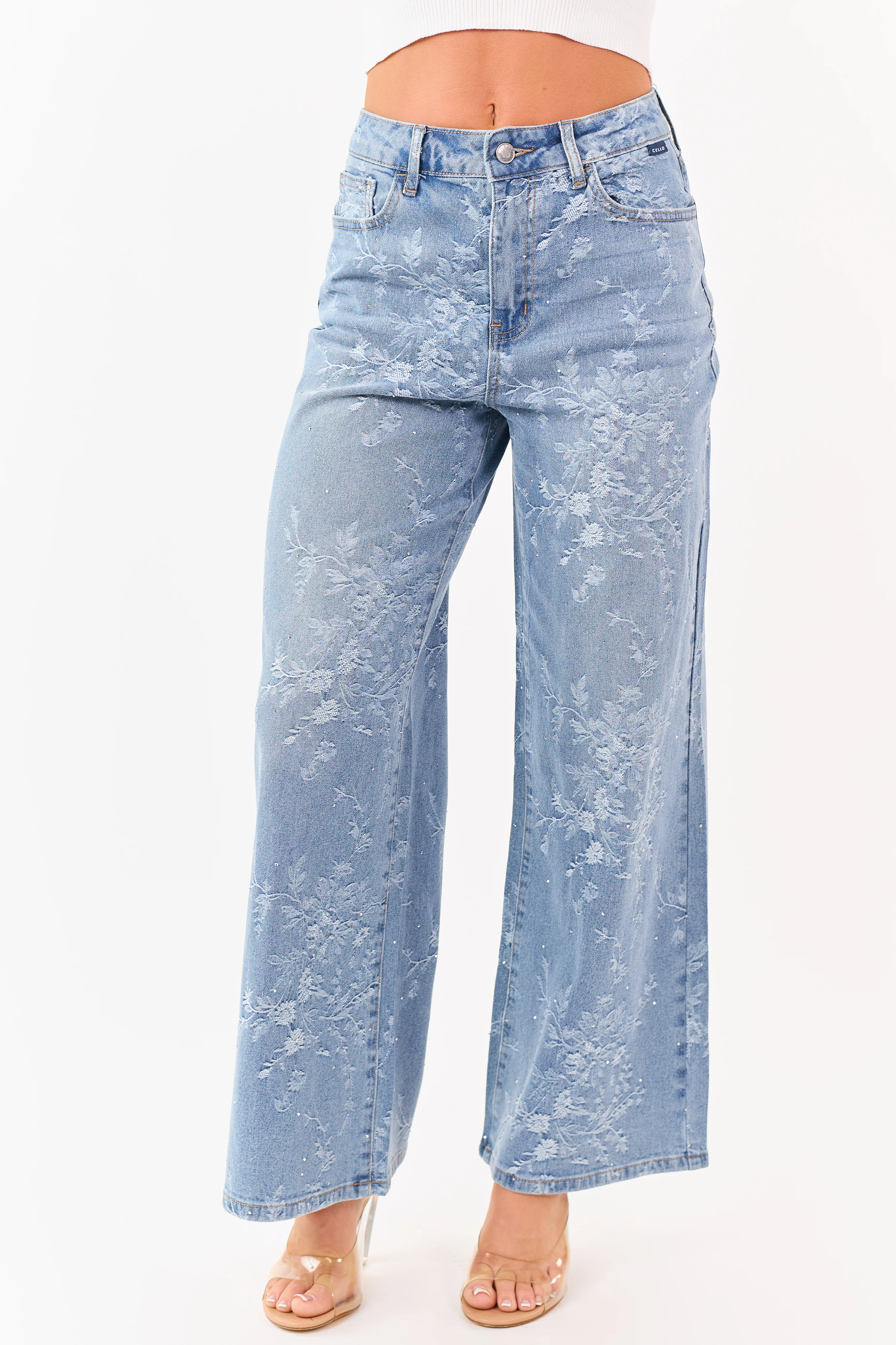 Cello Light Wash Floral Rhinestone Wide Stretch Jeans - Image 2