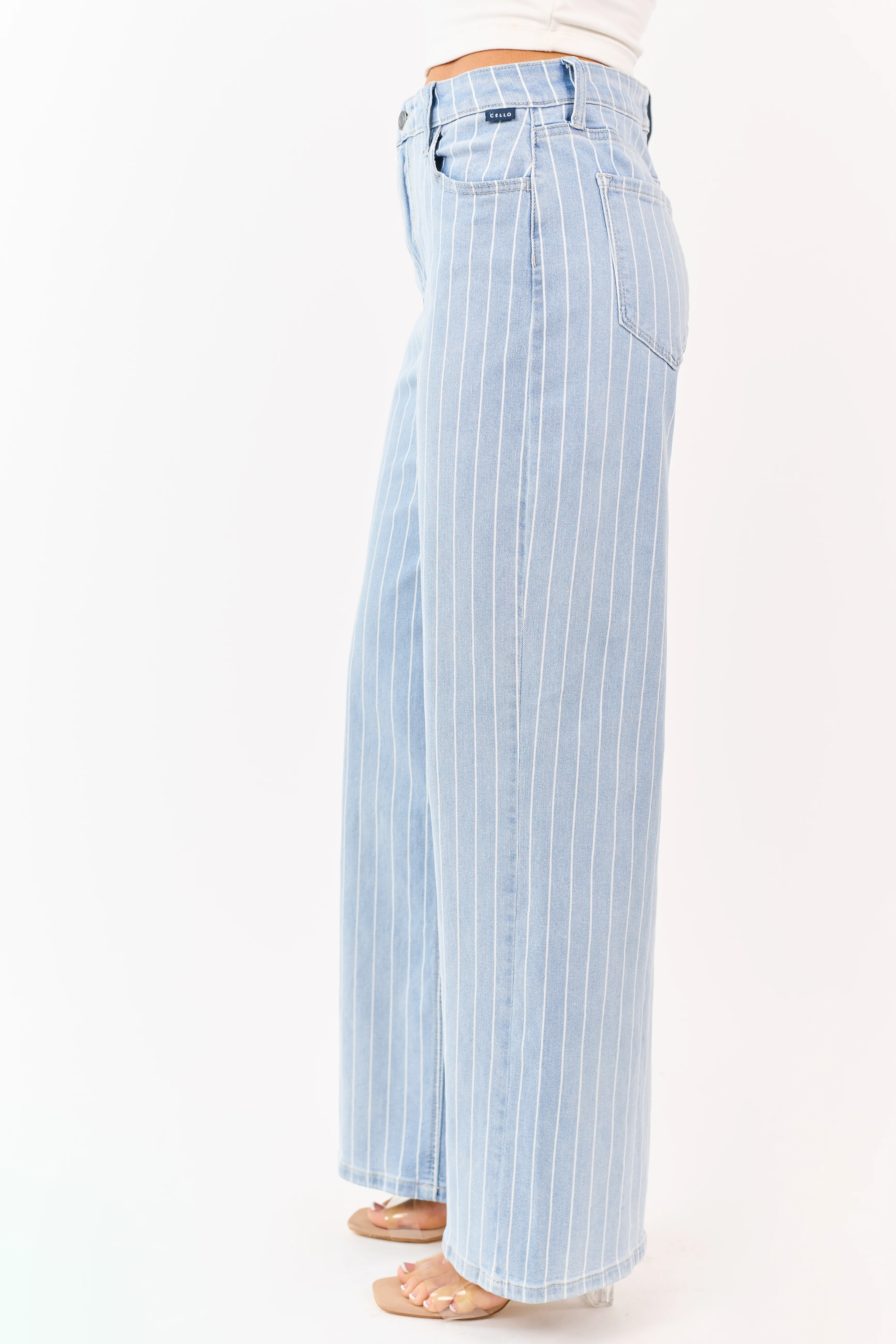 Cello Light Wash Pinstripe Stretchy Wide Leg Jeans - Image 3