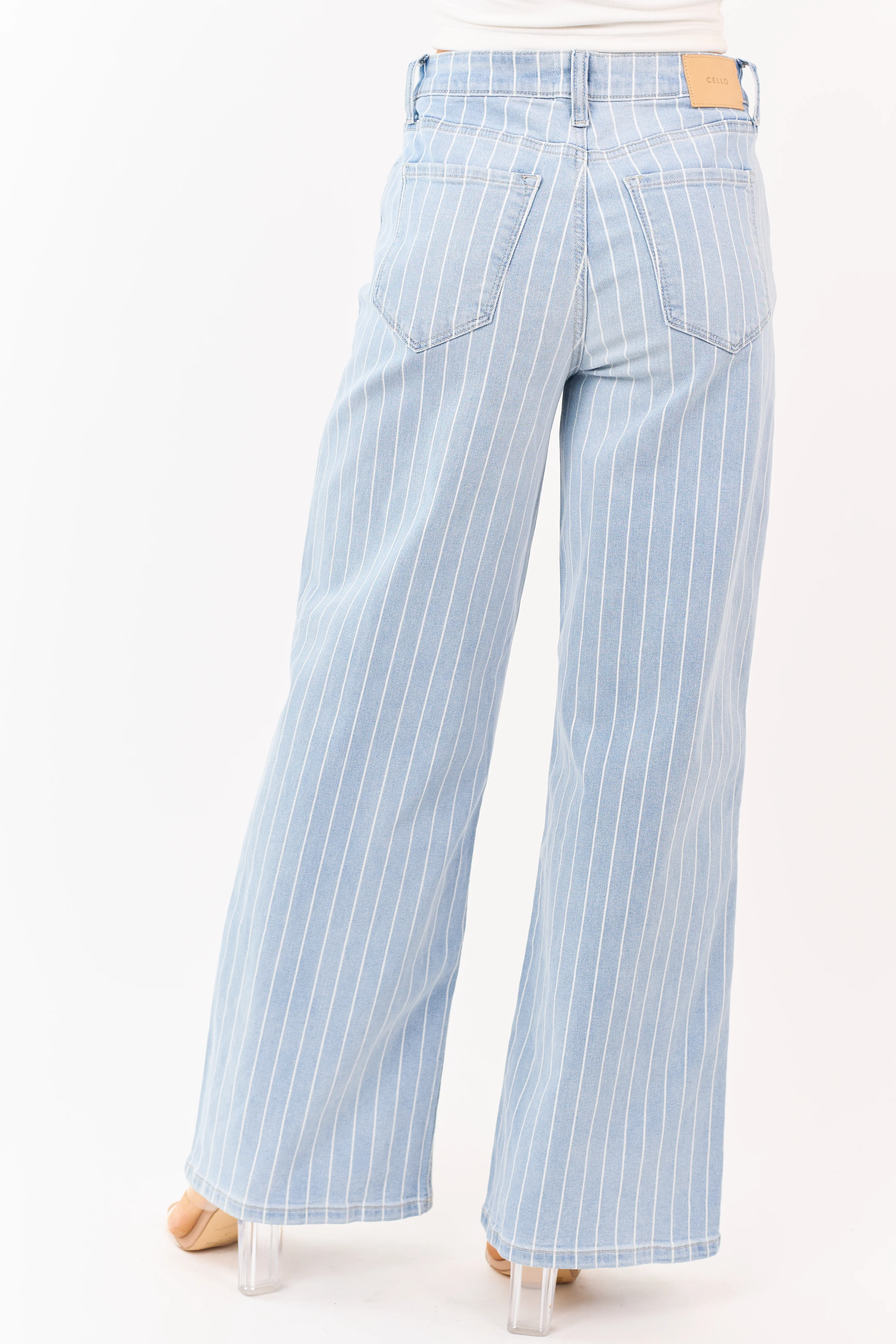 Cello Light Wash Pinstripe Stretchy Wide Leg Jeans - Image 4