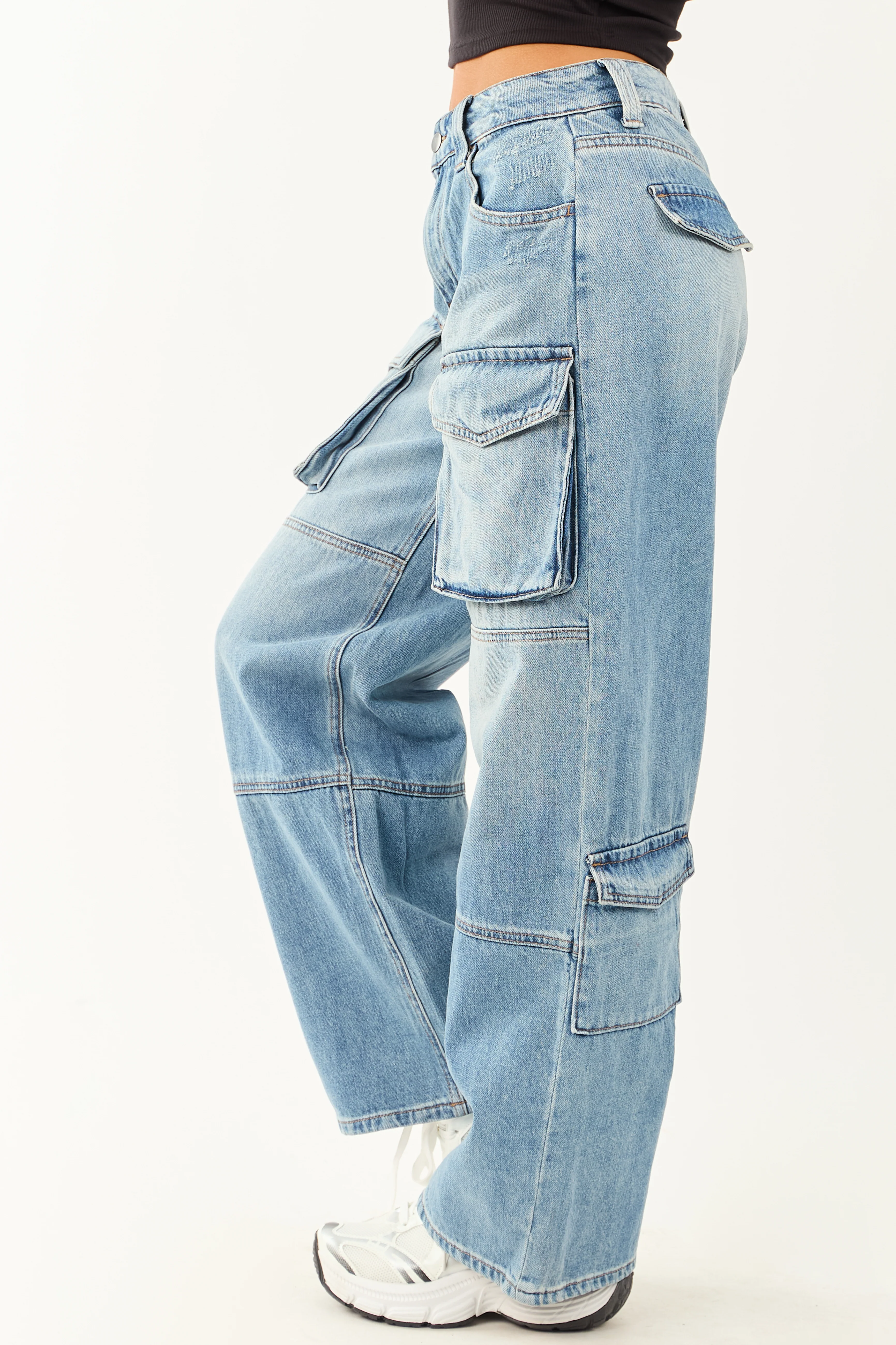 Cello Medium Wash High Rise Distressed Cargo Jeans - Image 3