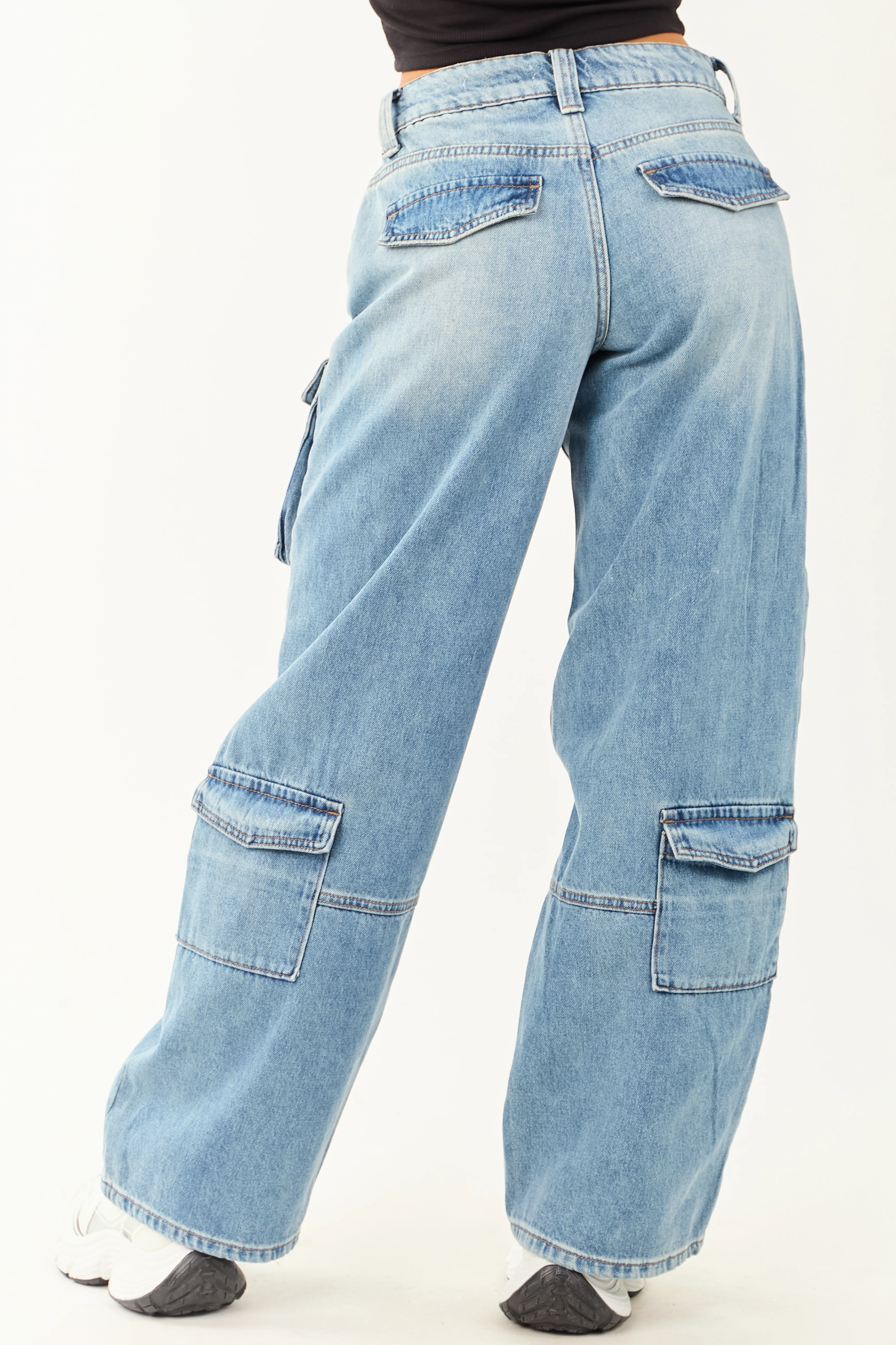 Cello Medium Wash High Rise Distressed Cargo Jeans - Image 4