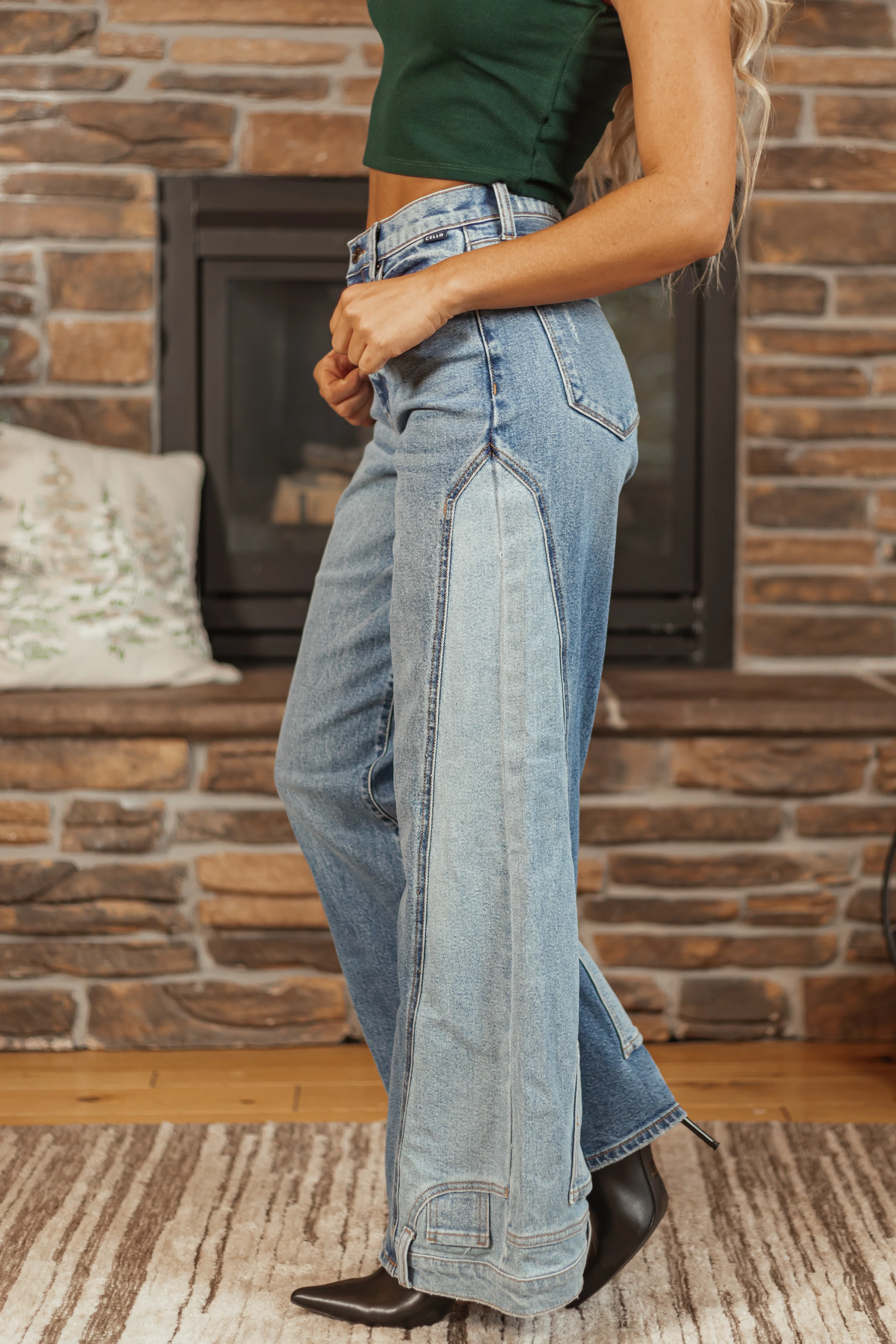 Cello Medium Wash Pocket Hem Detail Wide Leg Jeans - Image 3