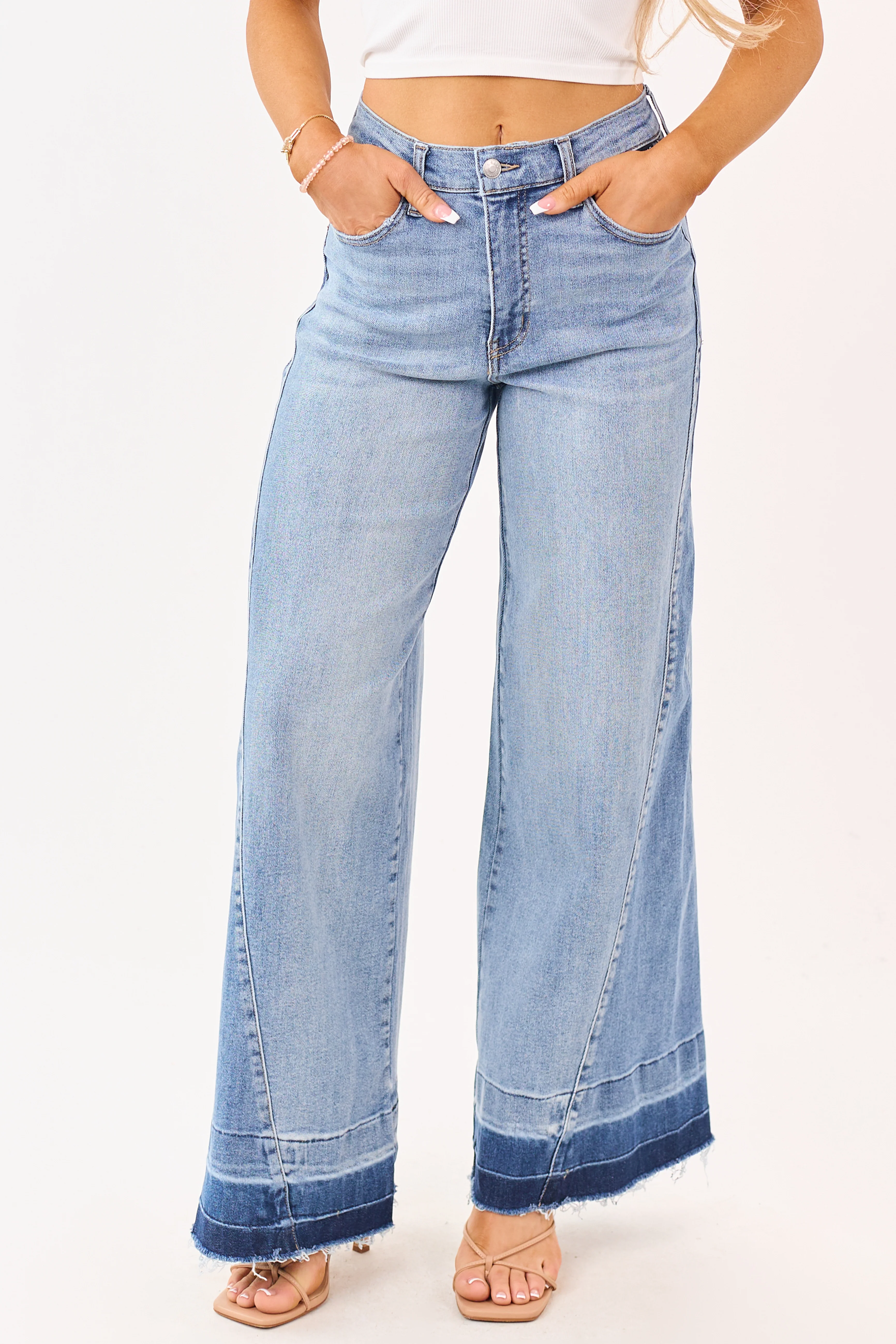Cello Medium Wash Released Hem Stretchy Wide Jeans - Image 2