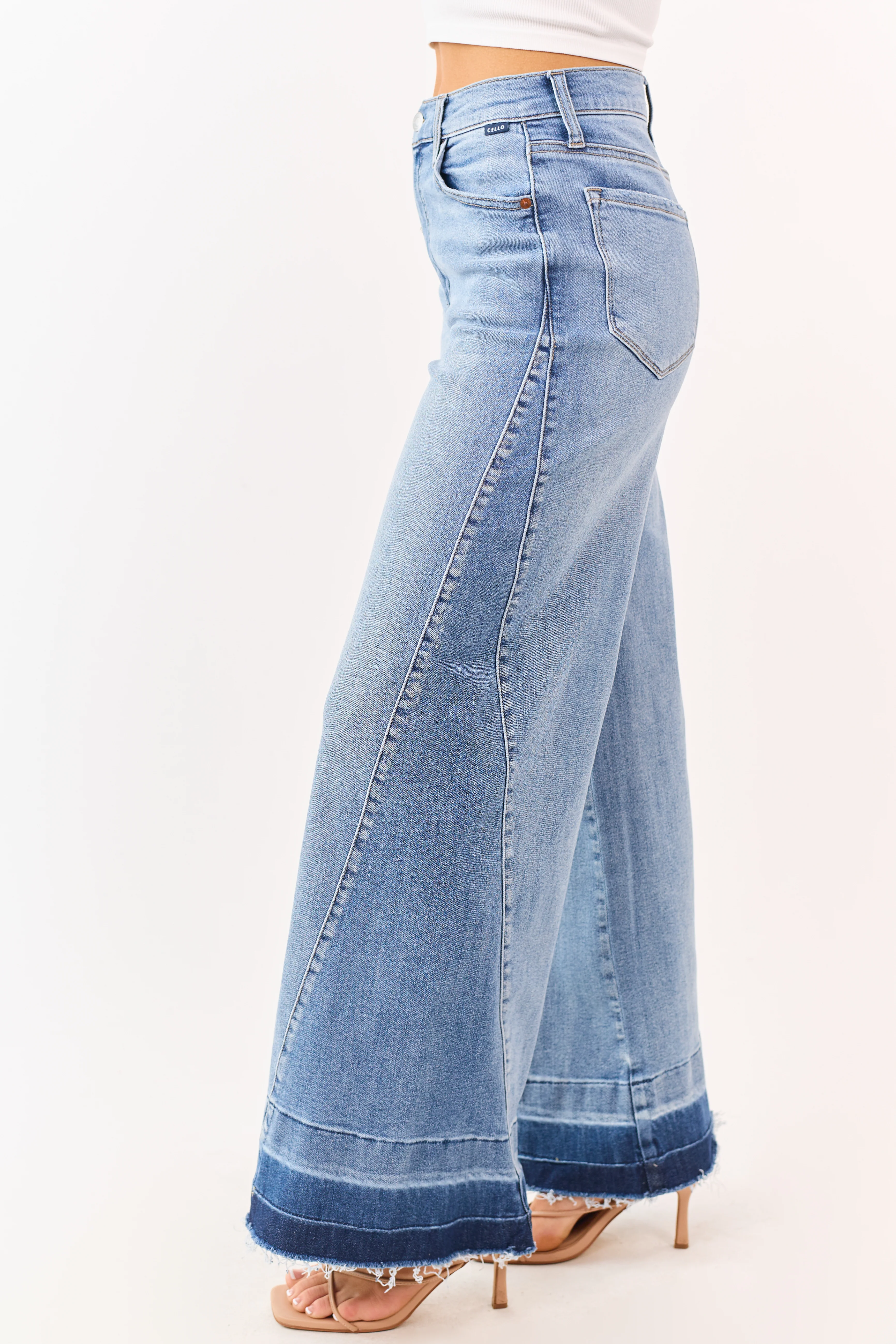 Cello Medium Wash Released Hem Stretchy Wide Jeans - Image 3