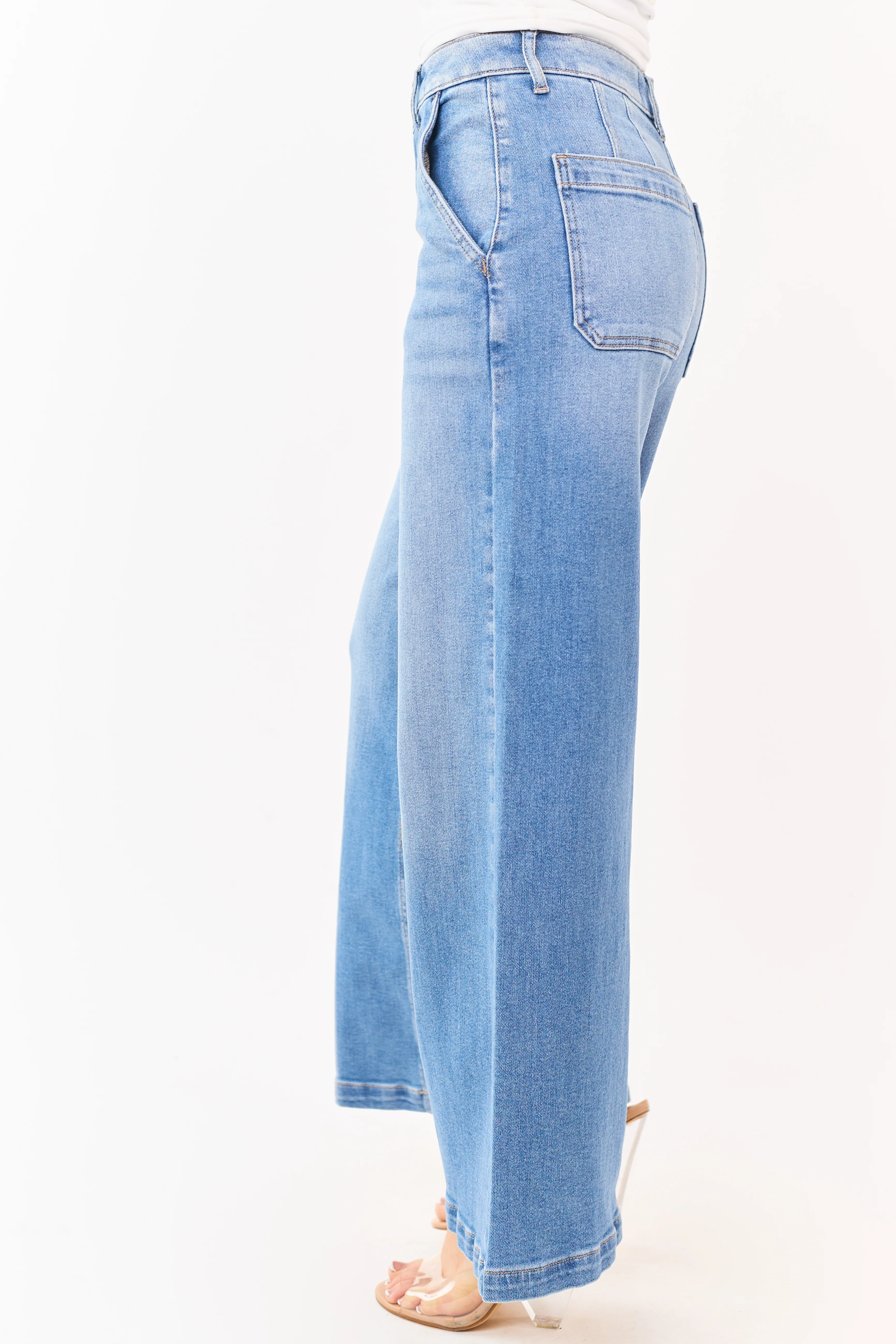 Cello Medium Wash Slant Pocket Wide Stretch Jeans - Image 3