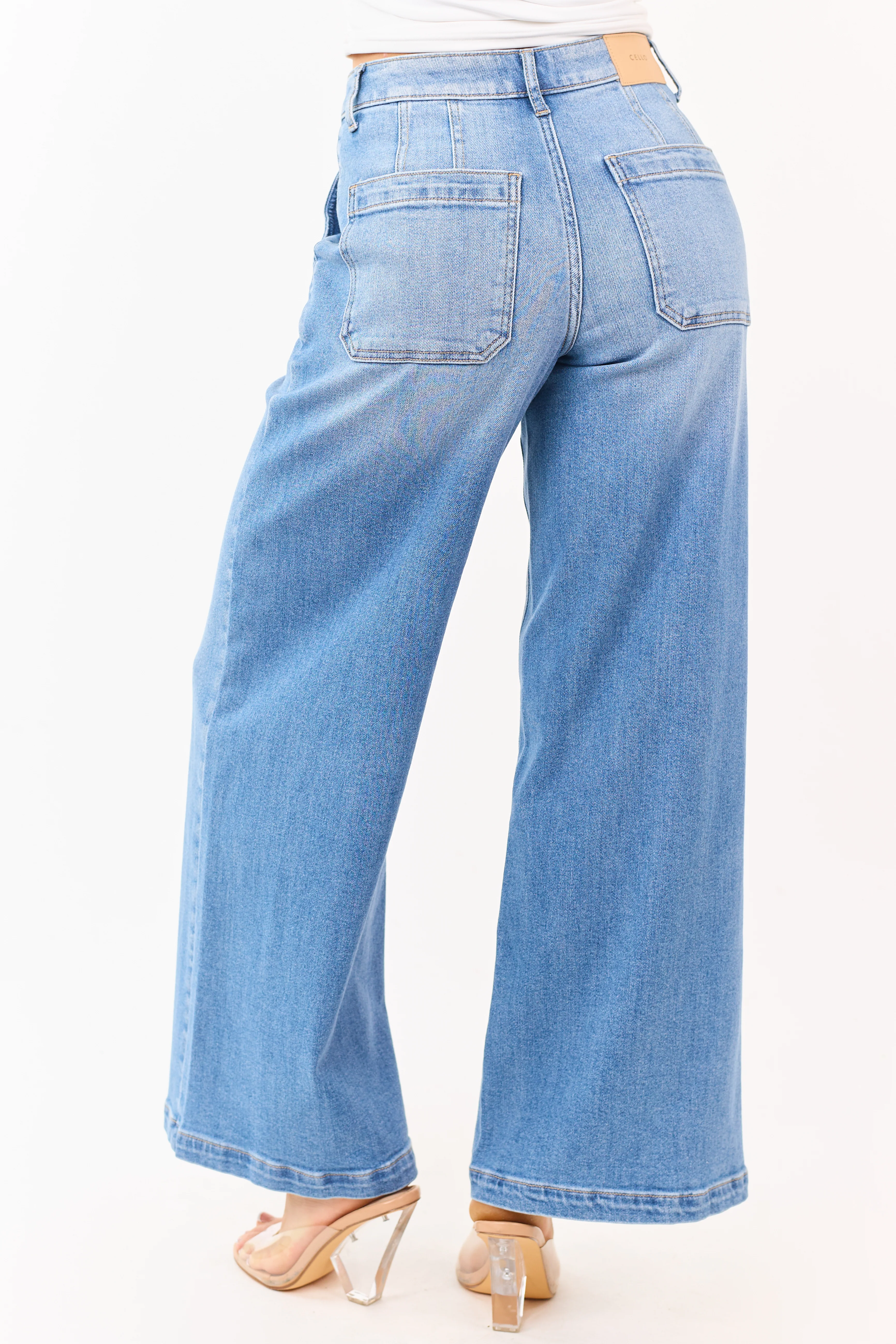 Cello Medium Wash Slant Pocket Wide Stretch Jeans - Image 4