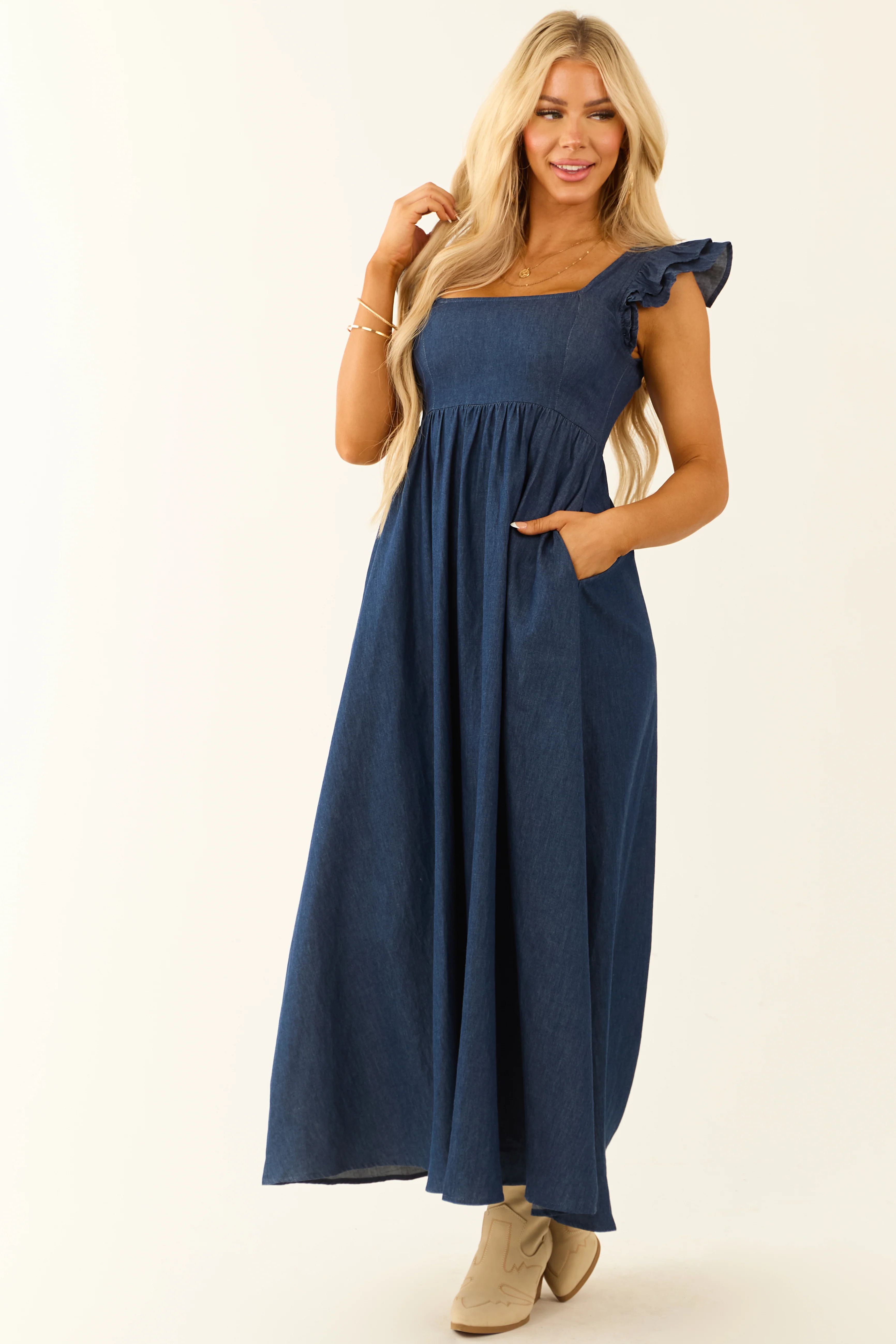 Chambray Ruffle Sleeve Babydoll Midi Dress - Image 3