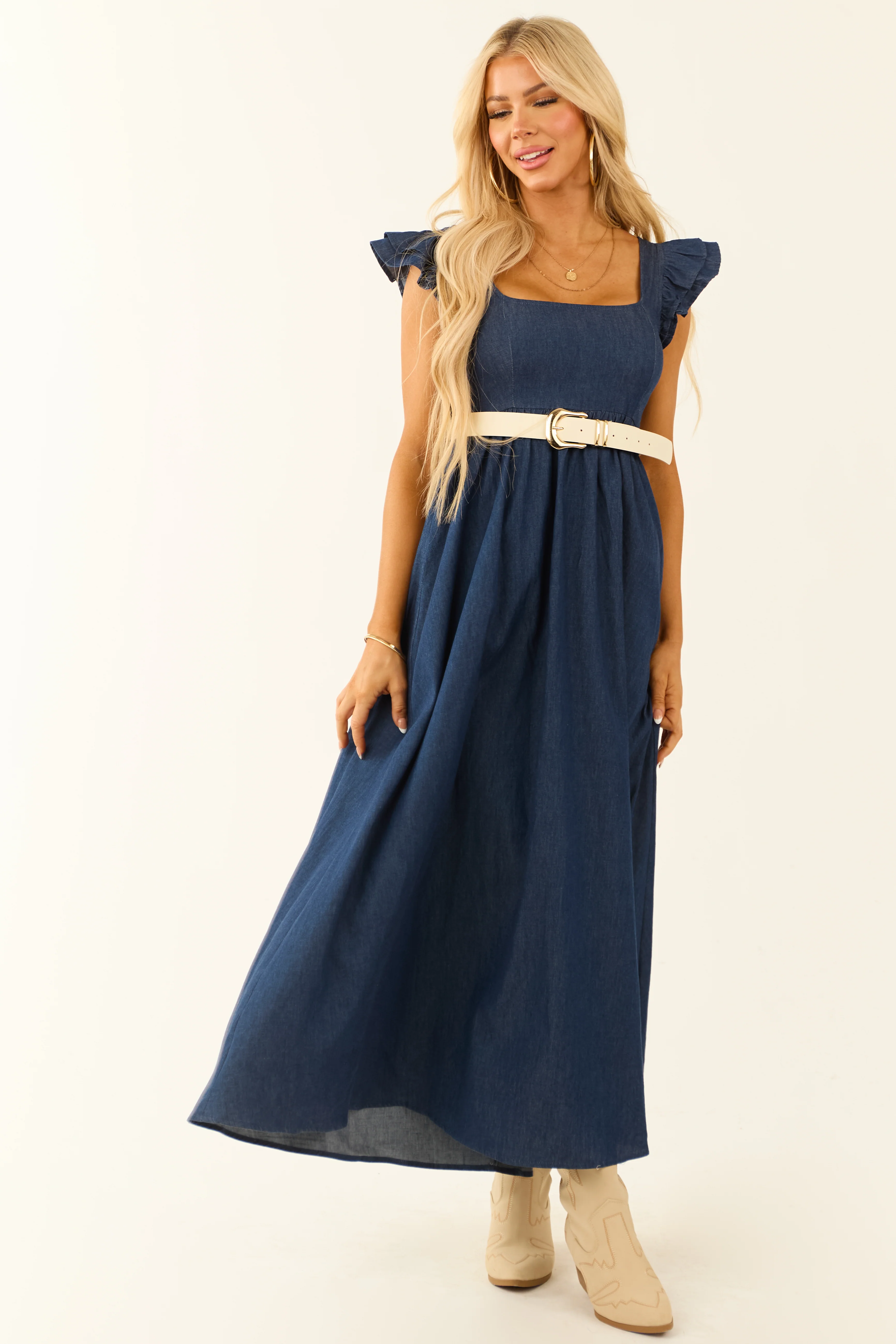 Chambray Ruffle Sleeve Babydoll Midi Dress - Image 5