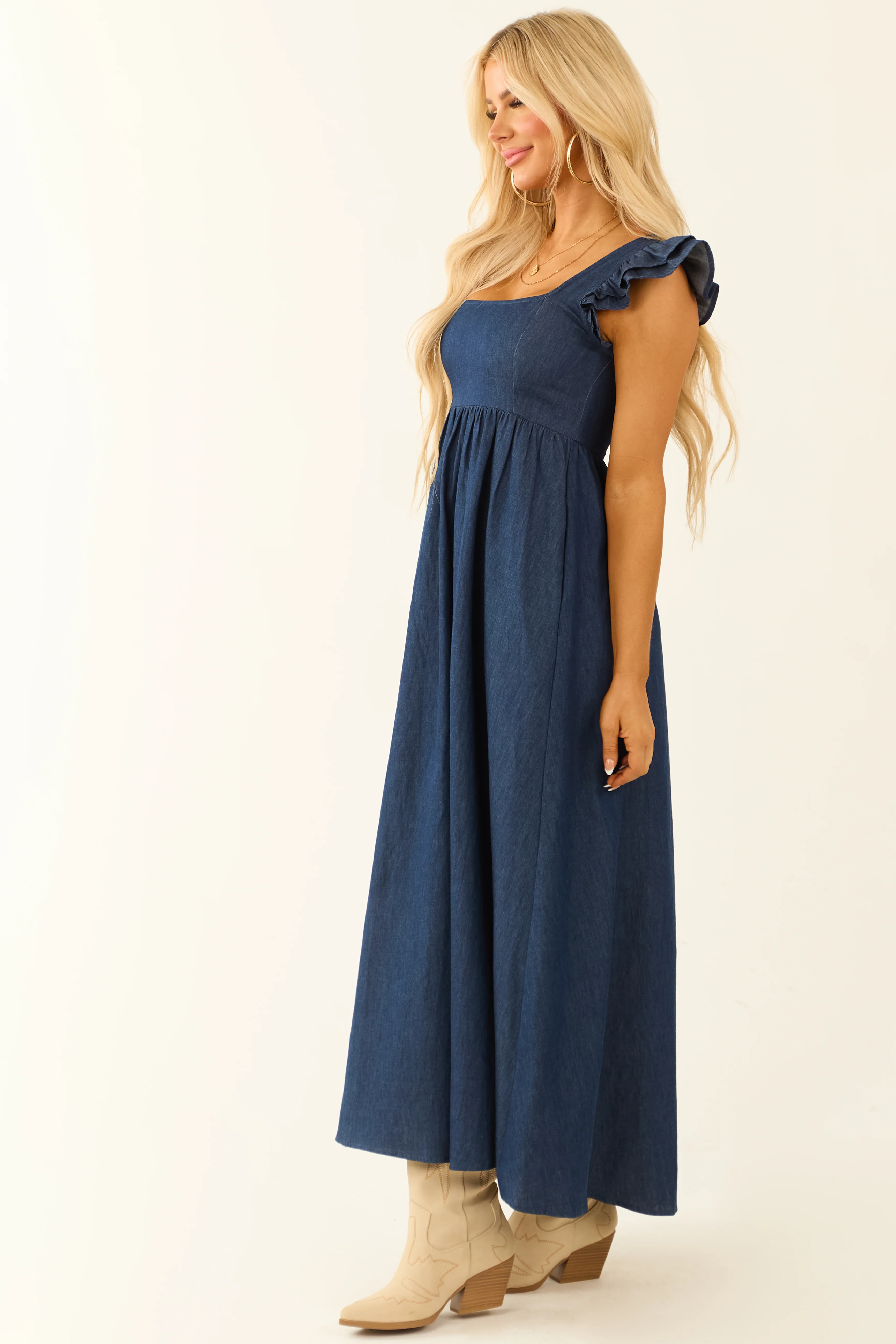 Chambray Ruffle Sleeve Babydoll Midi Dress - Image 6