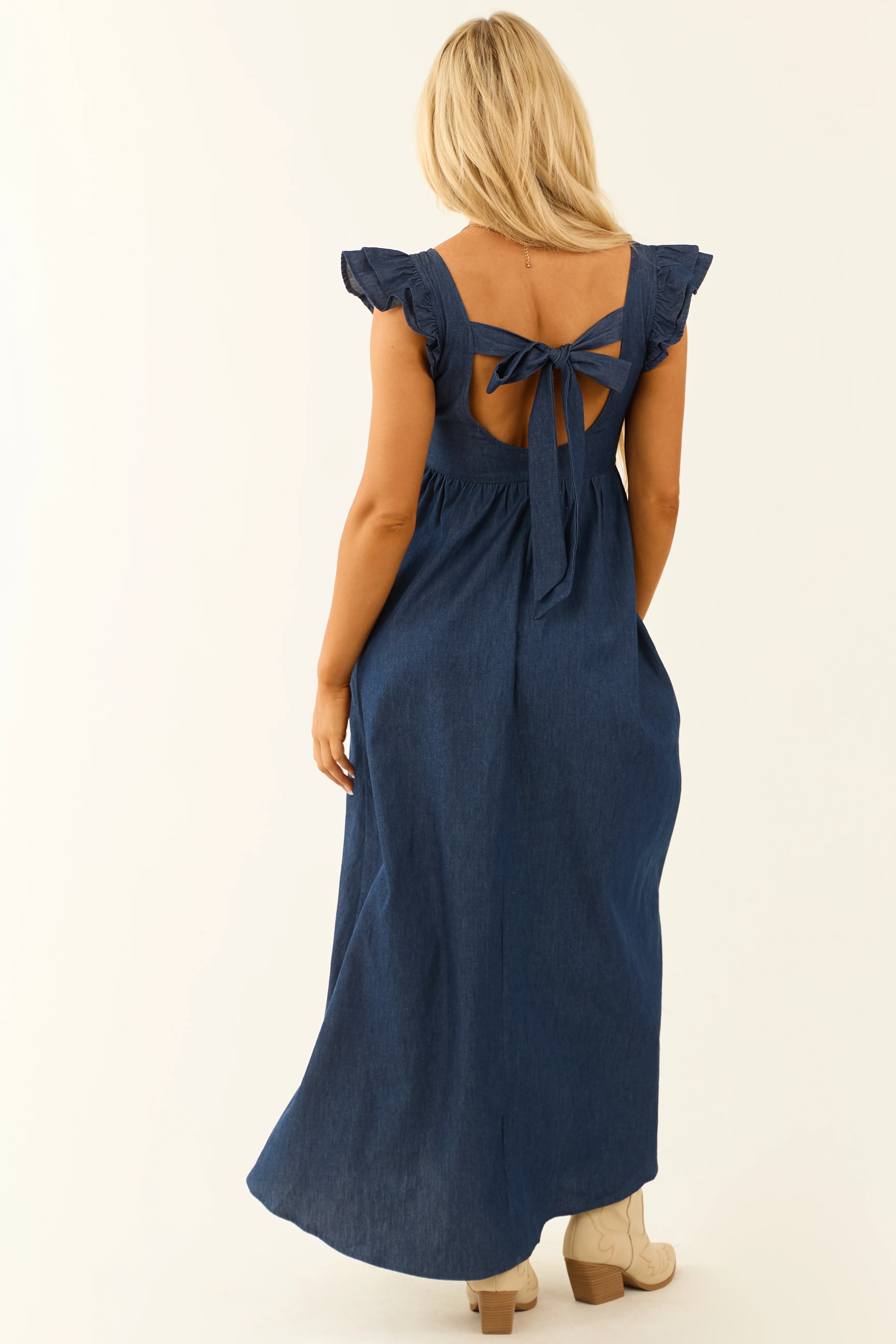 Chambray Ruffle Sleeve Babydoll Midi Dress - Image 7