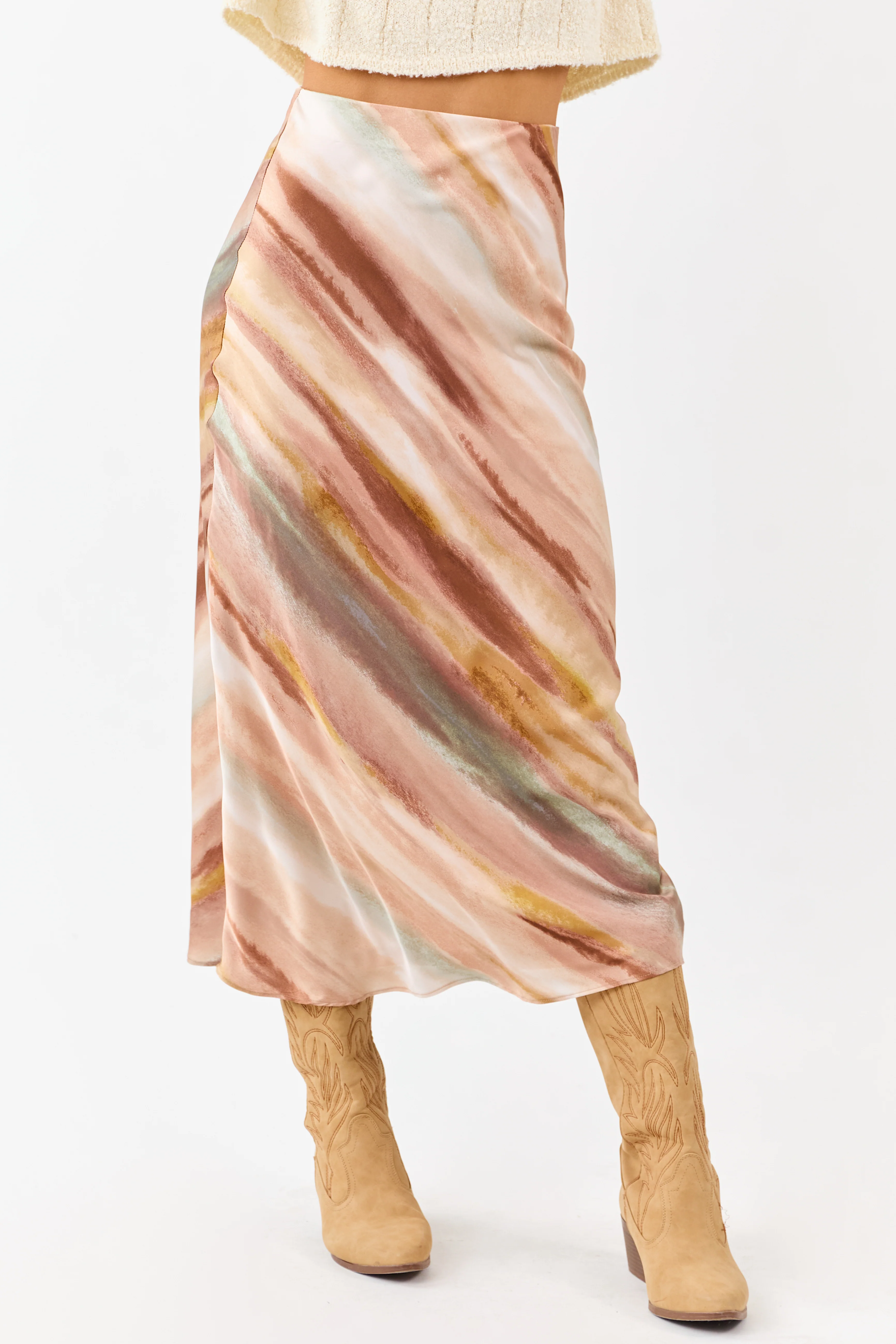 Champagne Abstract Print Satin Midi Skirt - Image 2