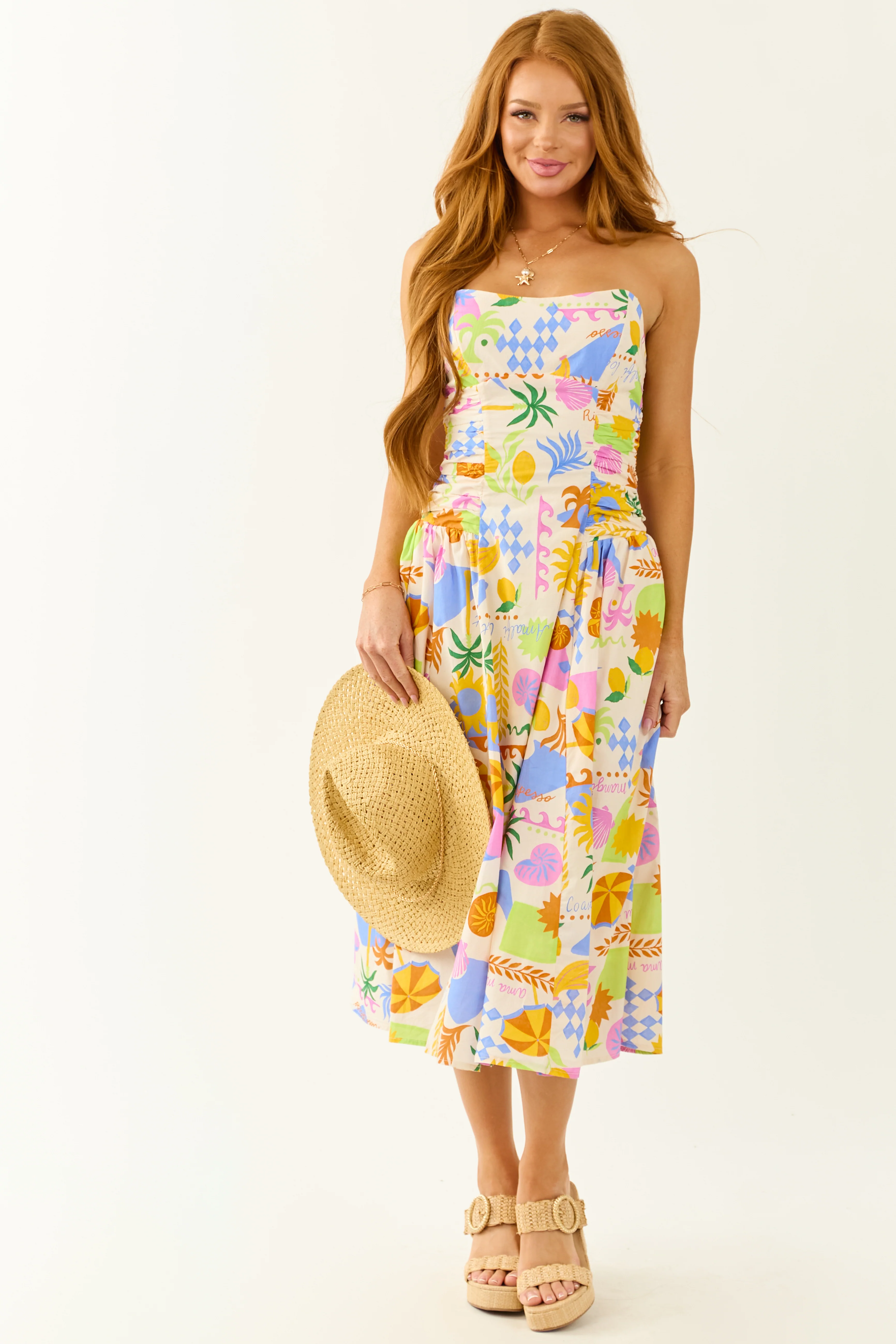 Champagne Abstract Print Strapless Cotton Midi Dress - Image 3