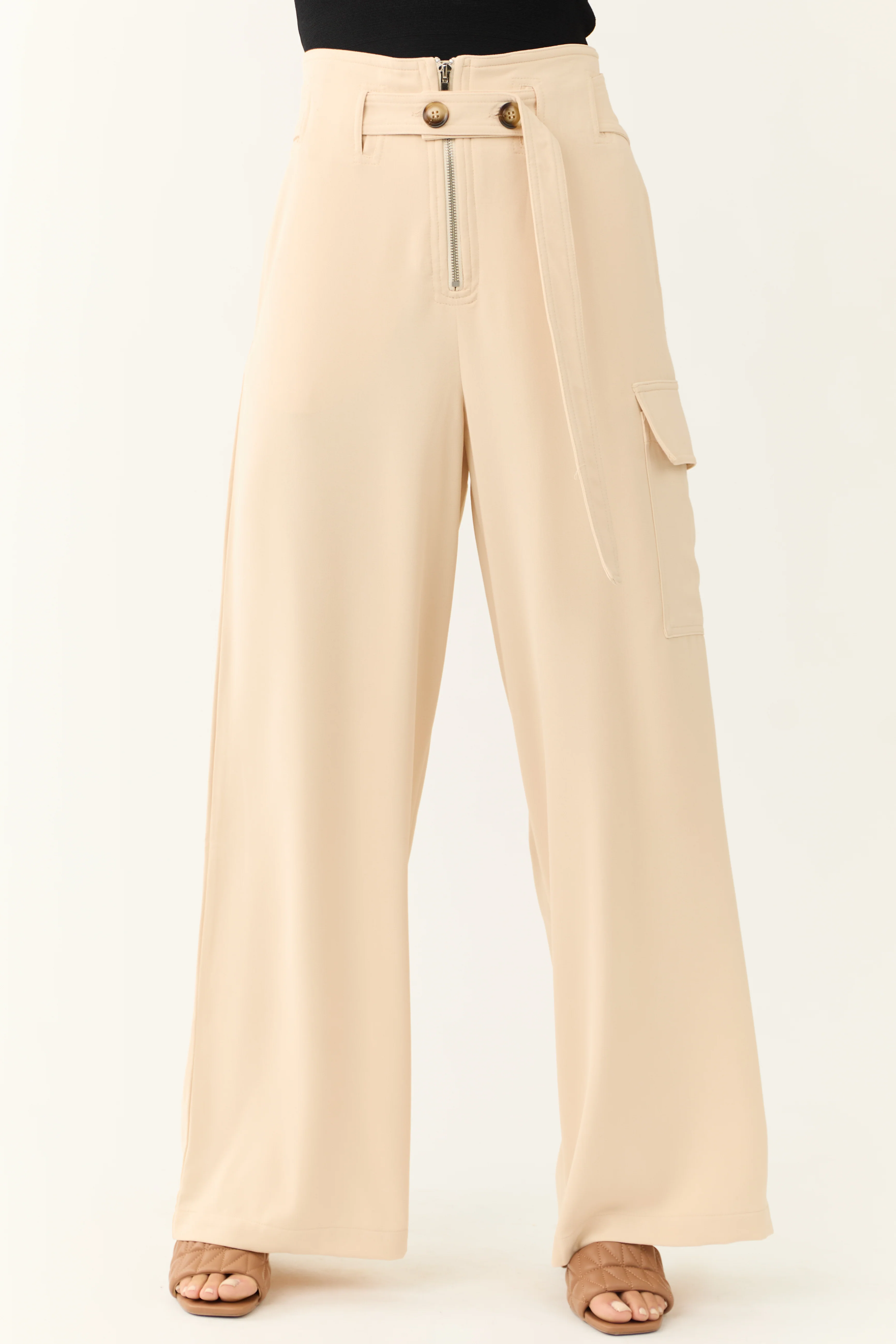 Champagne Belted High Waist Wide Leg Pants - Image 2