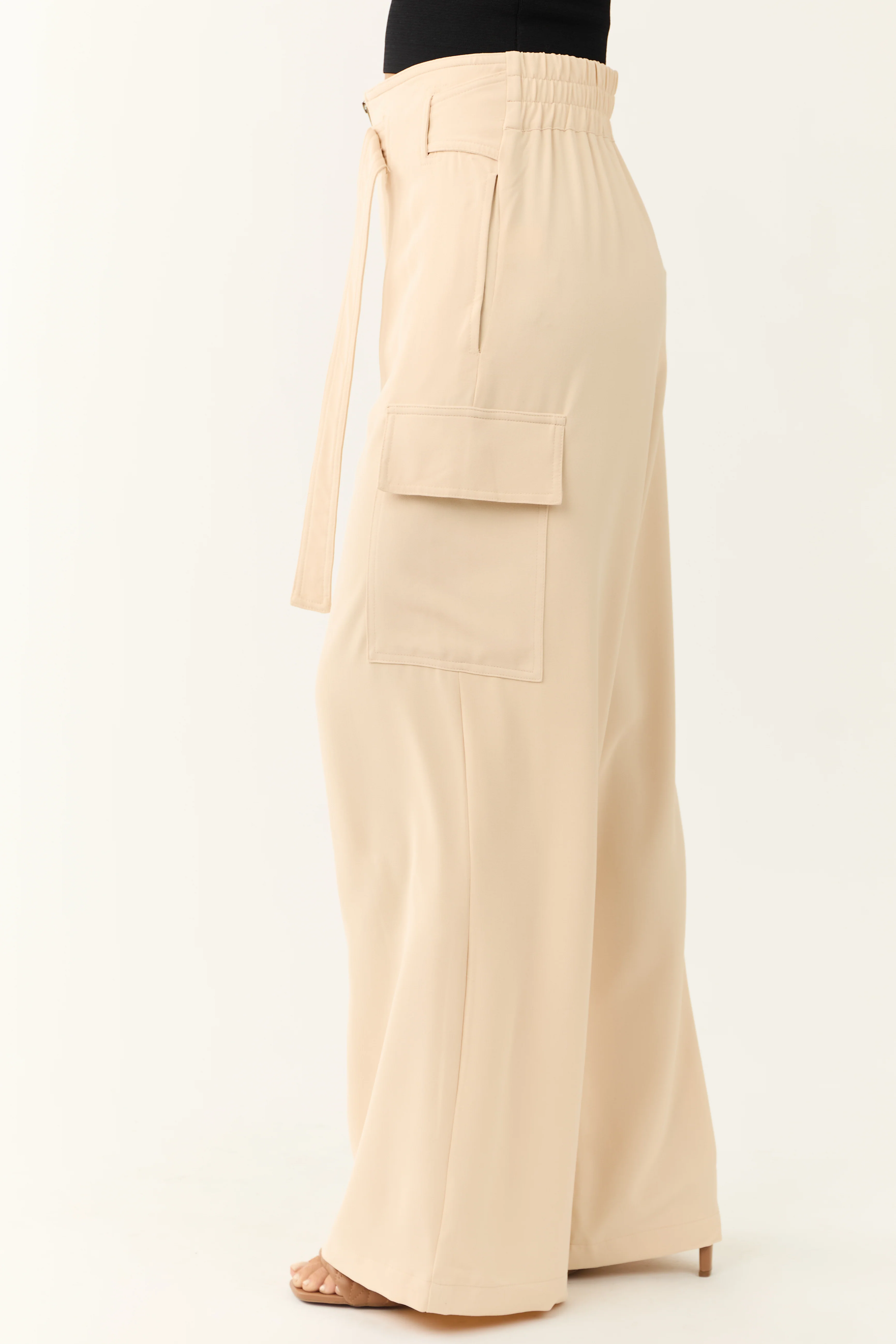 Champagne Belted High Waist Wide Leg Pants - Image 3