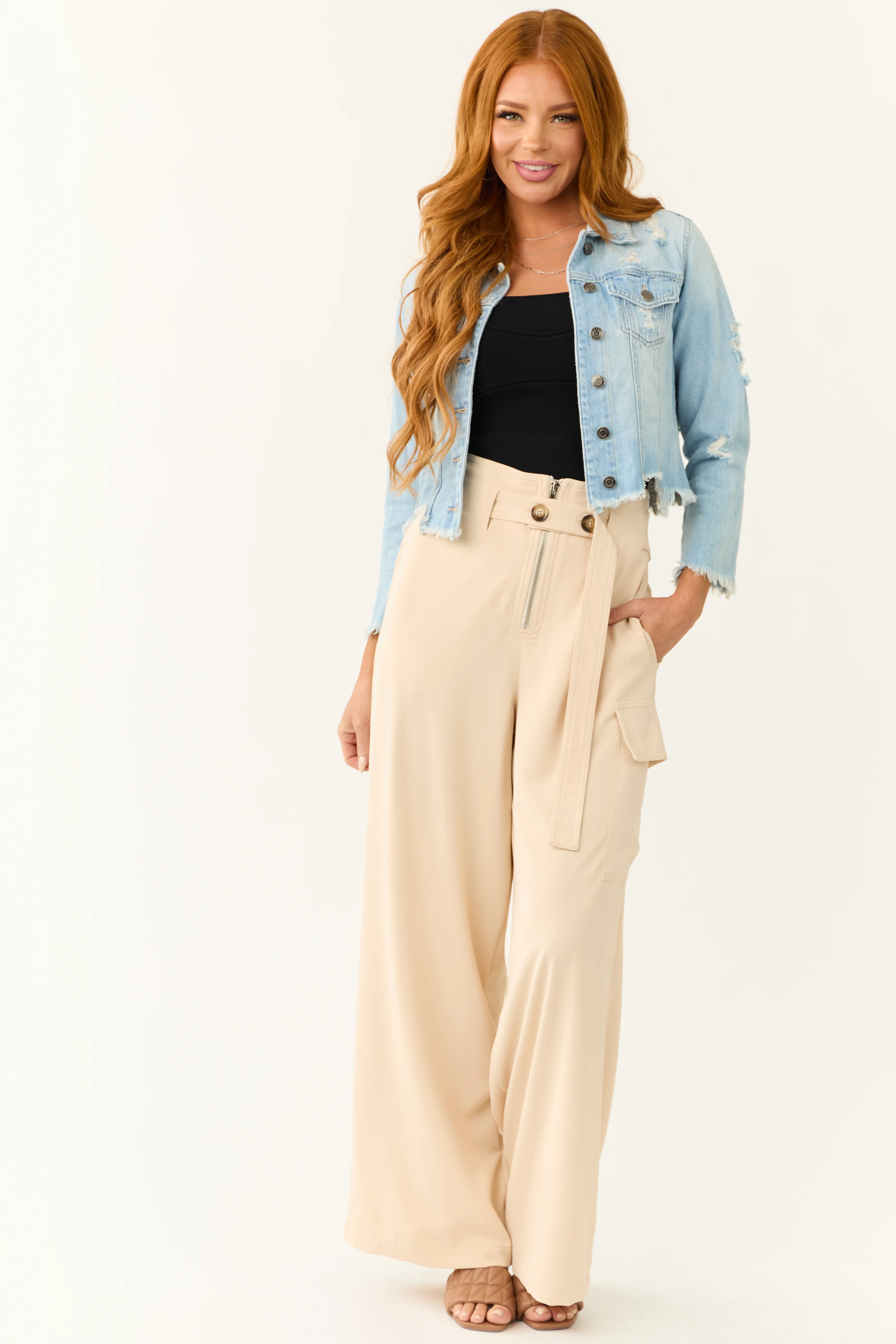 Champagne Belted High Waist Wide Leg Pants - Image 5