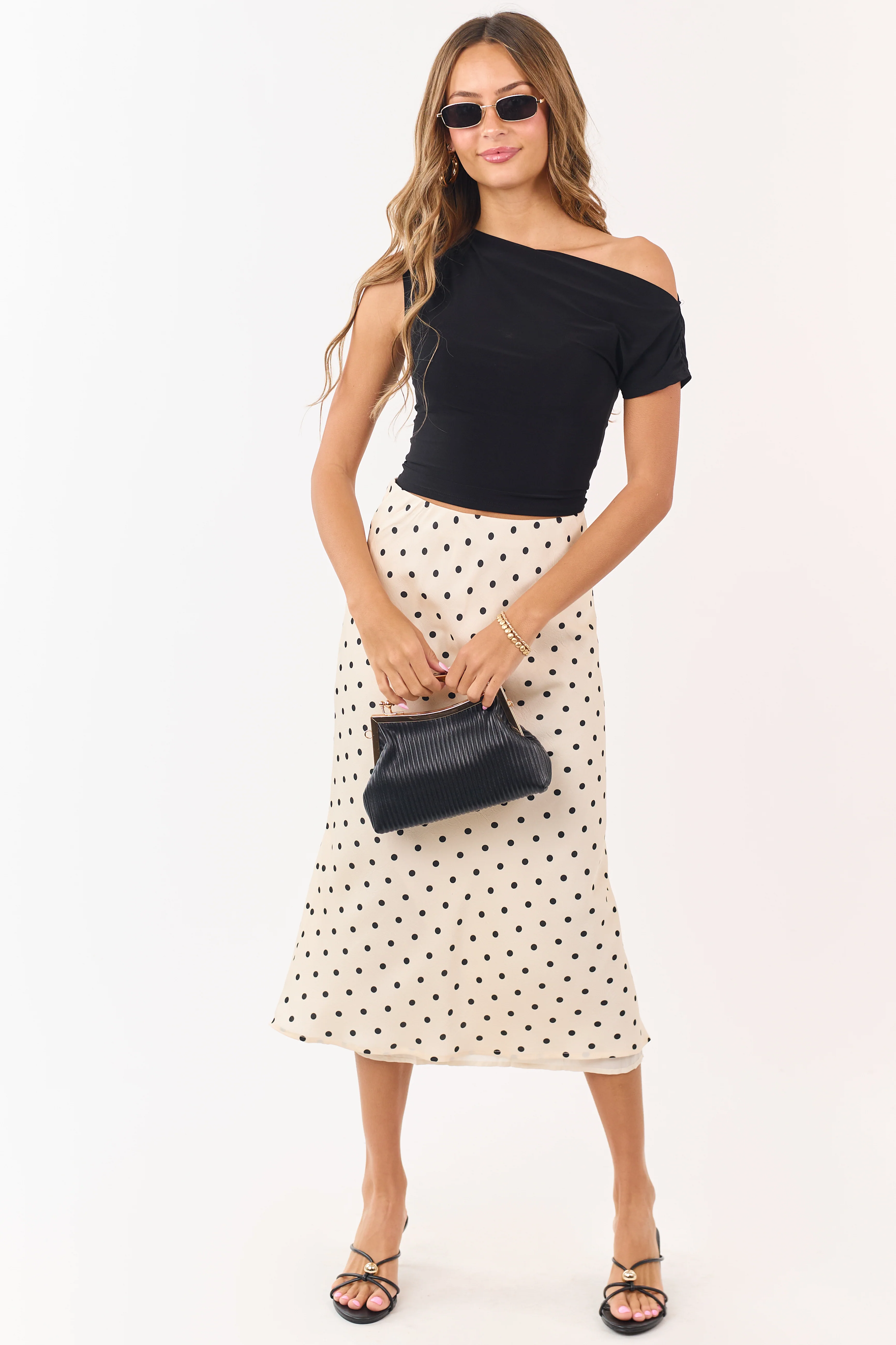 Champagne and Black Polka Dot Satin Midi Skirt - Image 5