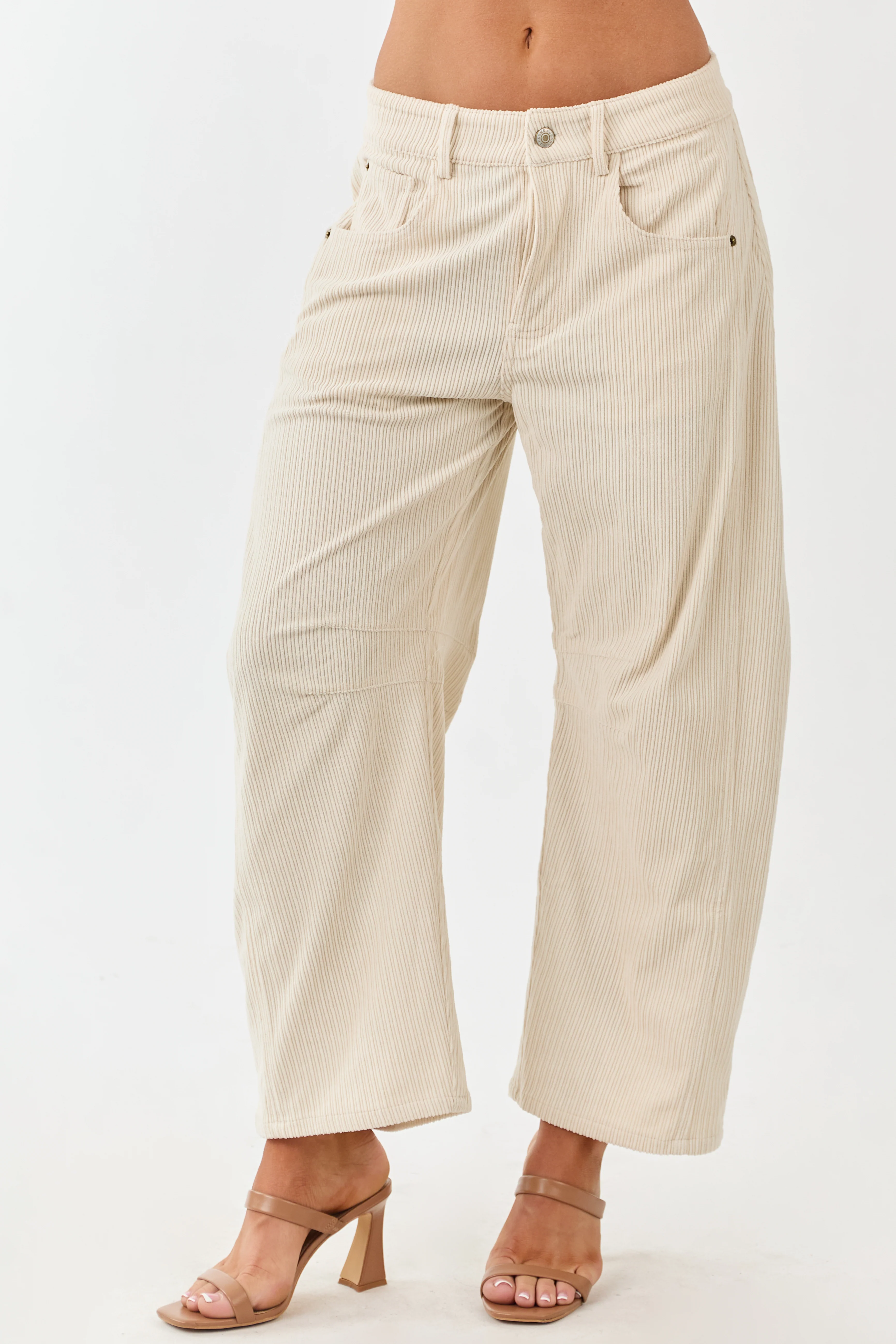 Champagne Corduroy High Waisted Barrel Leg Pants - Image 2