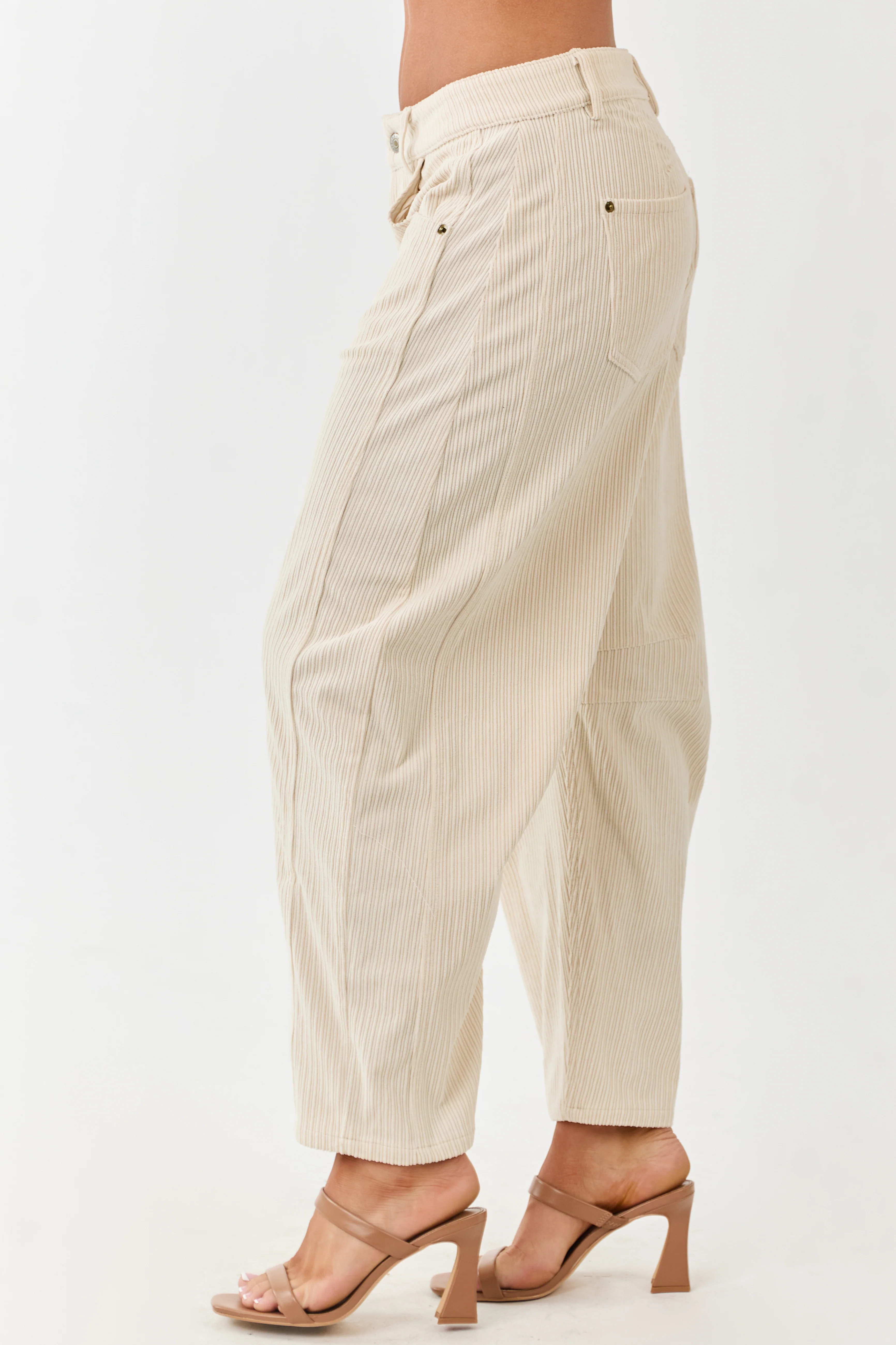 Champagne Corduroy High Waisted Barrel Leg Pants - Image 3
