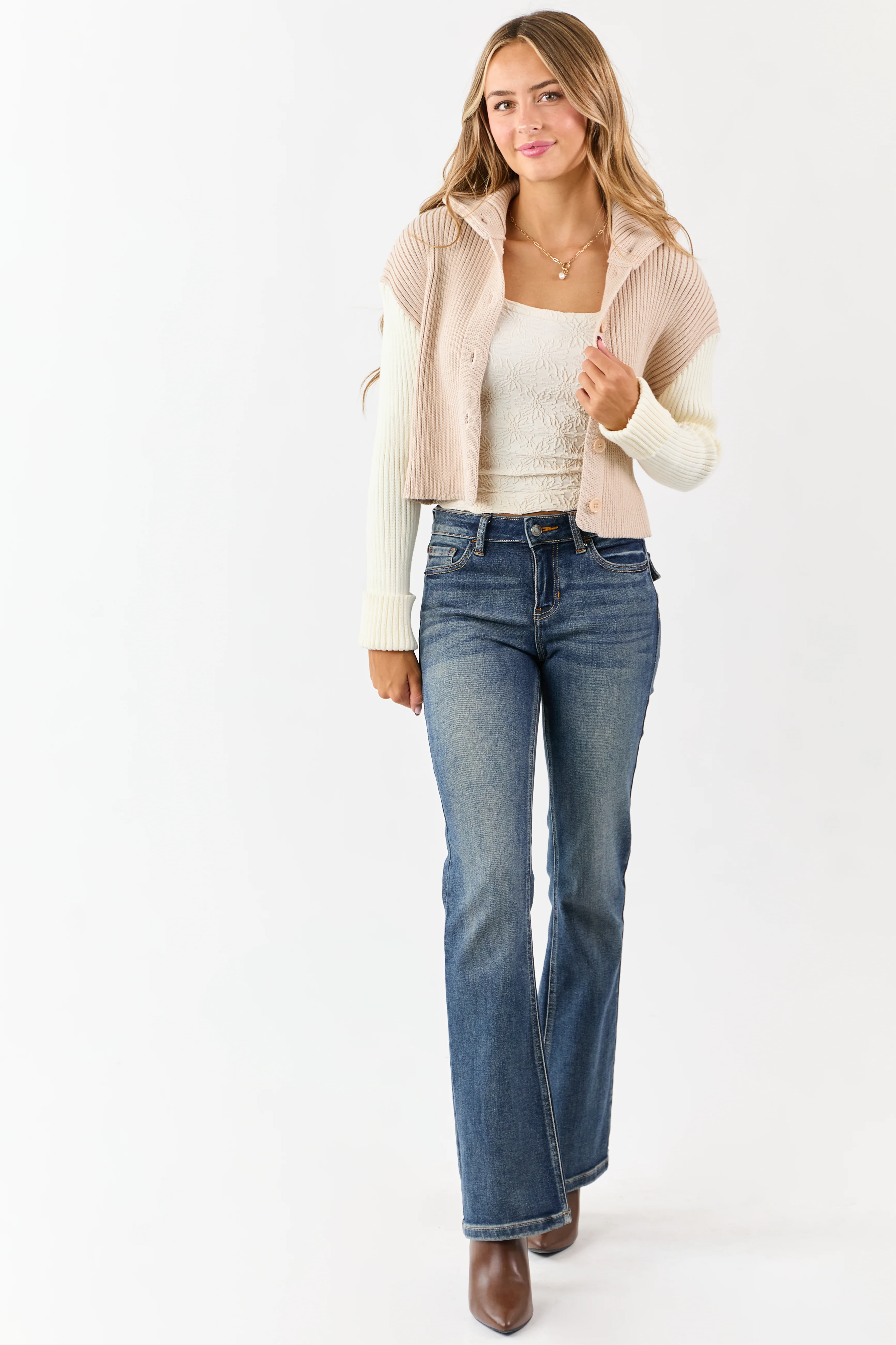Champagne and Cream Contrast Sleeve Sweater Cardigan - Image 2