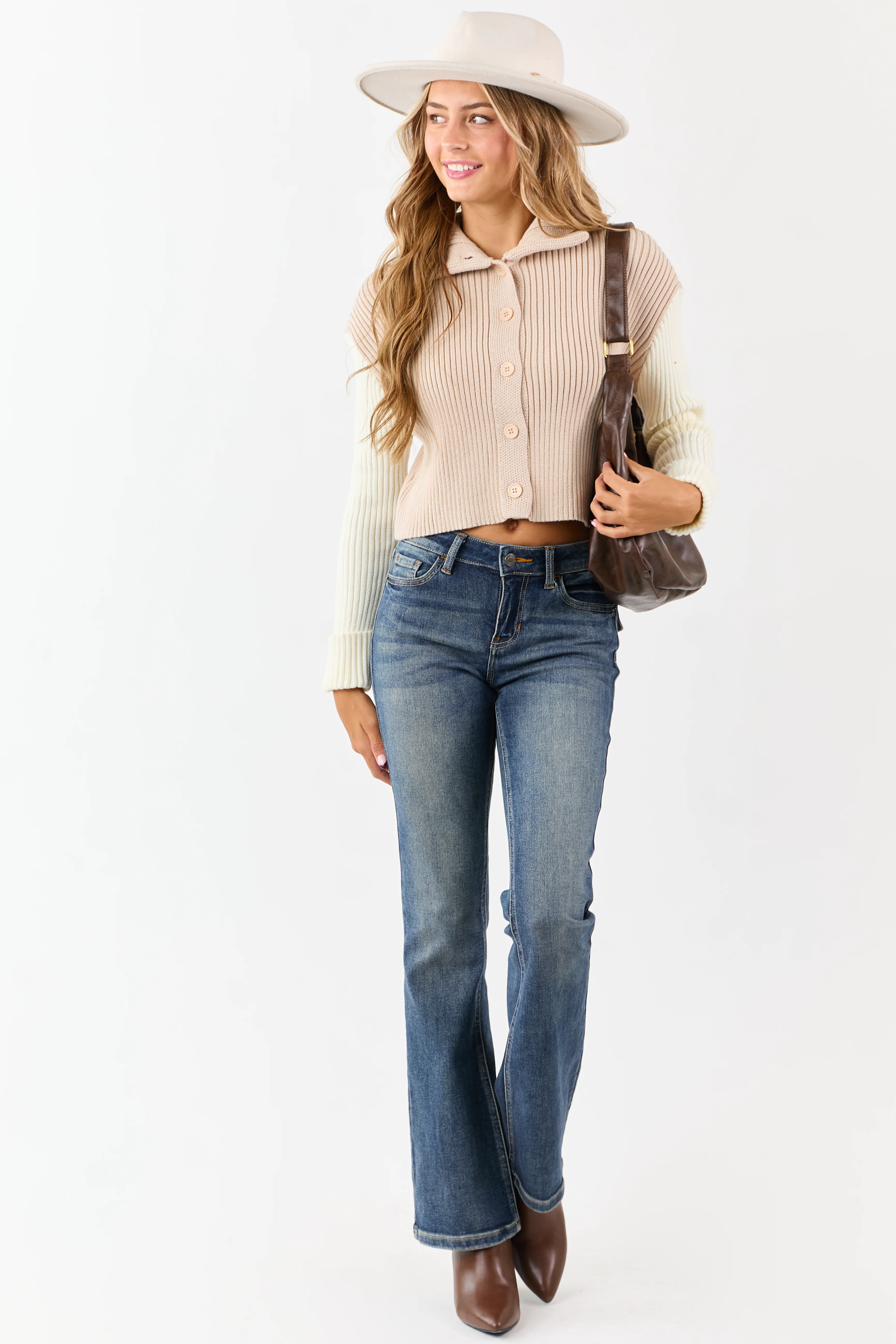 Champagne and Cream Contrast Sleeve Sweater Cardigan - Image 4