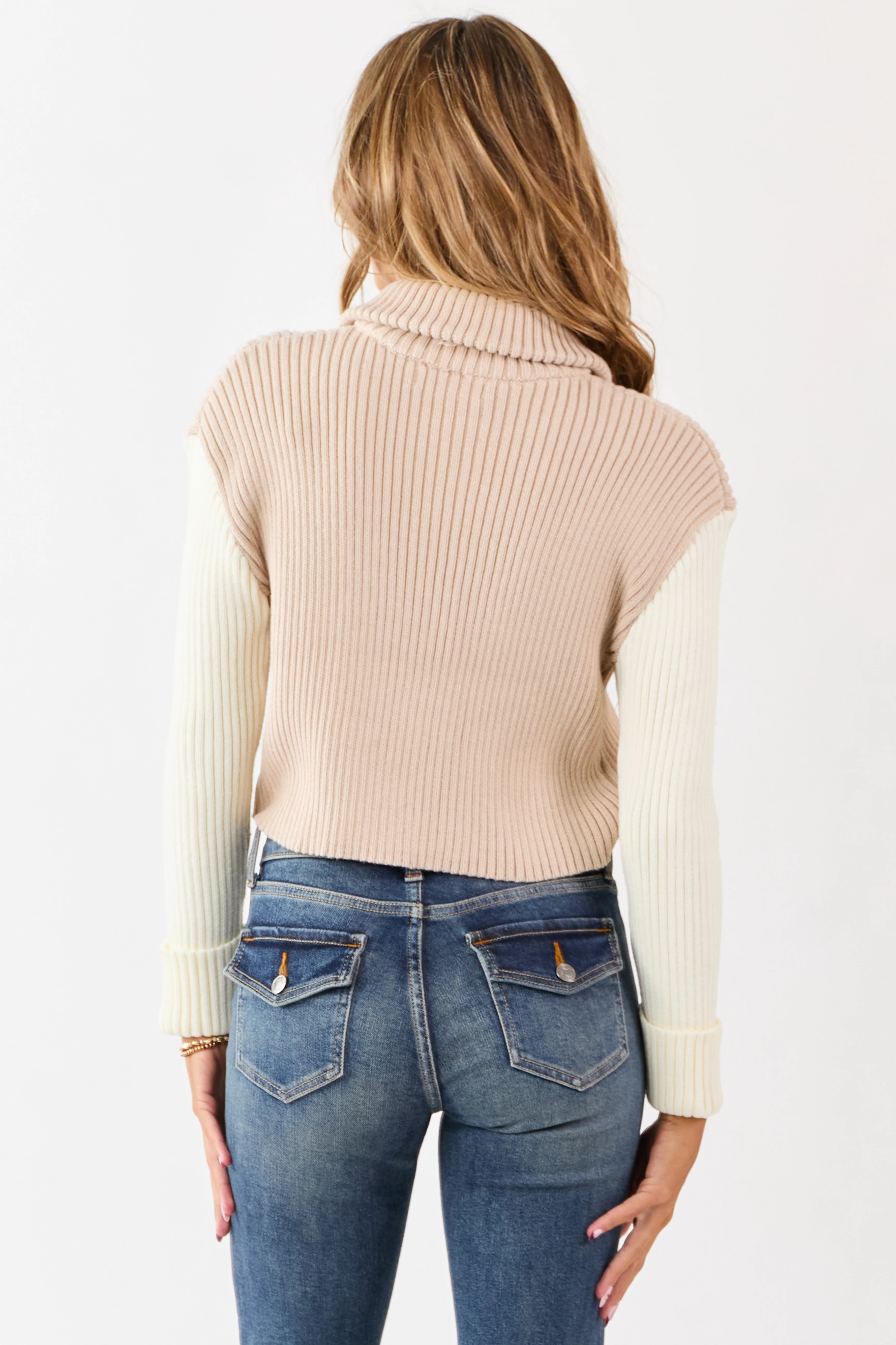 Champagne and Cream Contrast Sleeve Sweater Cardigan - Image 6
