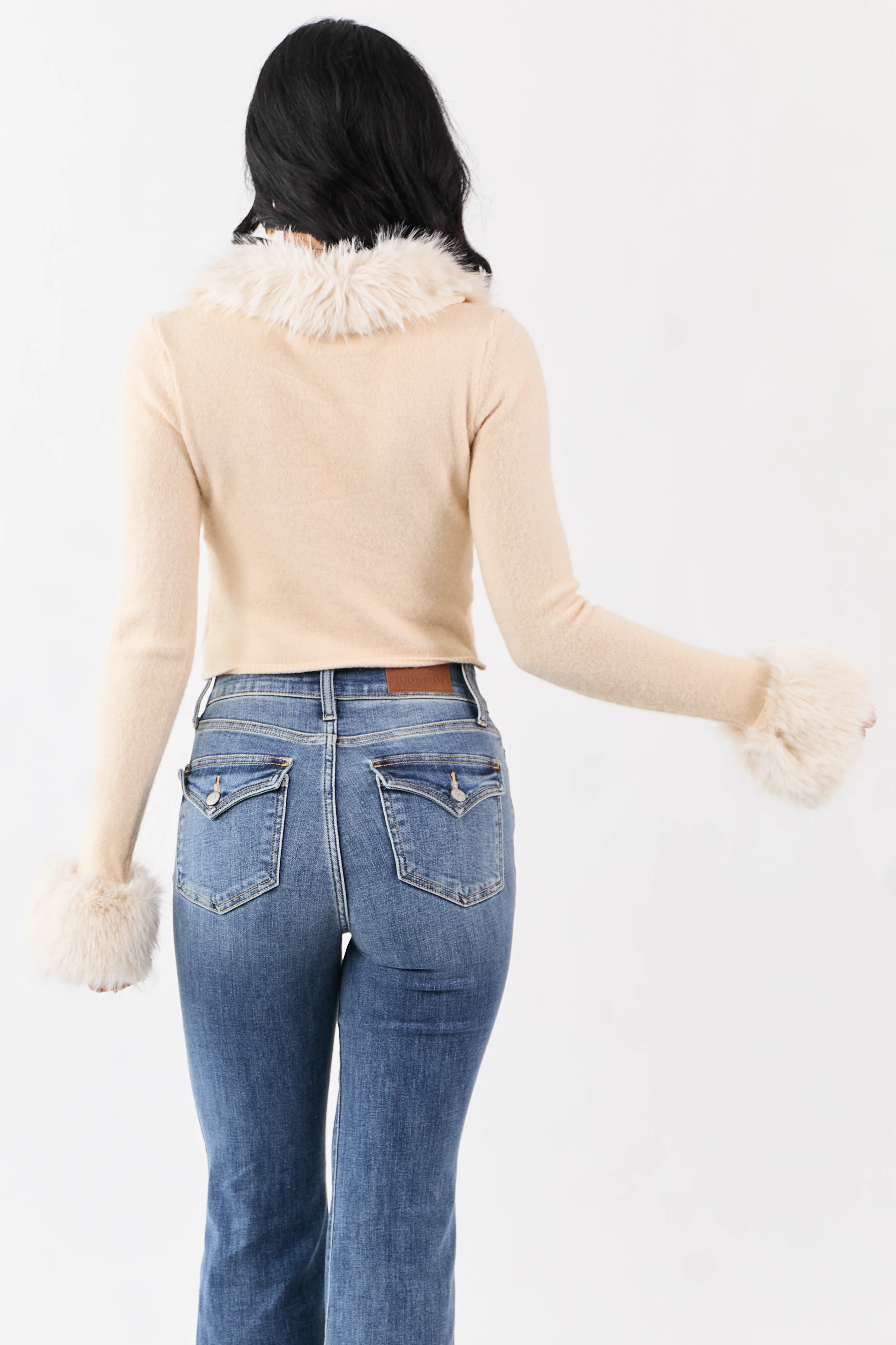 Champagne Faux Fur Trim Cropped Button Up Cardigan - Image 6