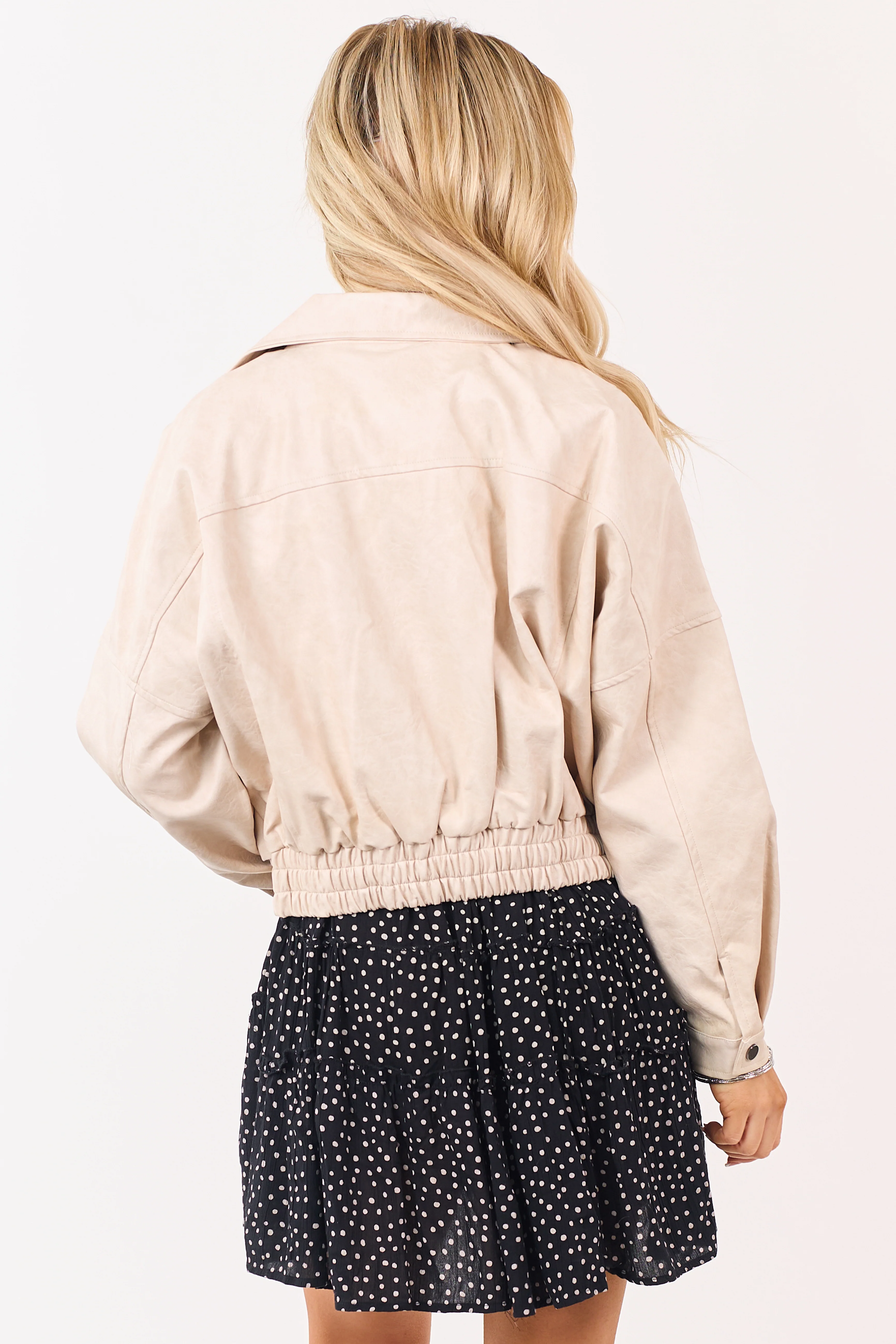 Champagne Faux Leather Strap Closure Collared Jacket - Image 6