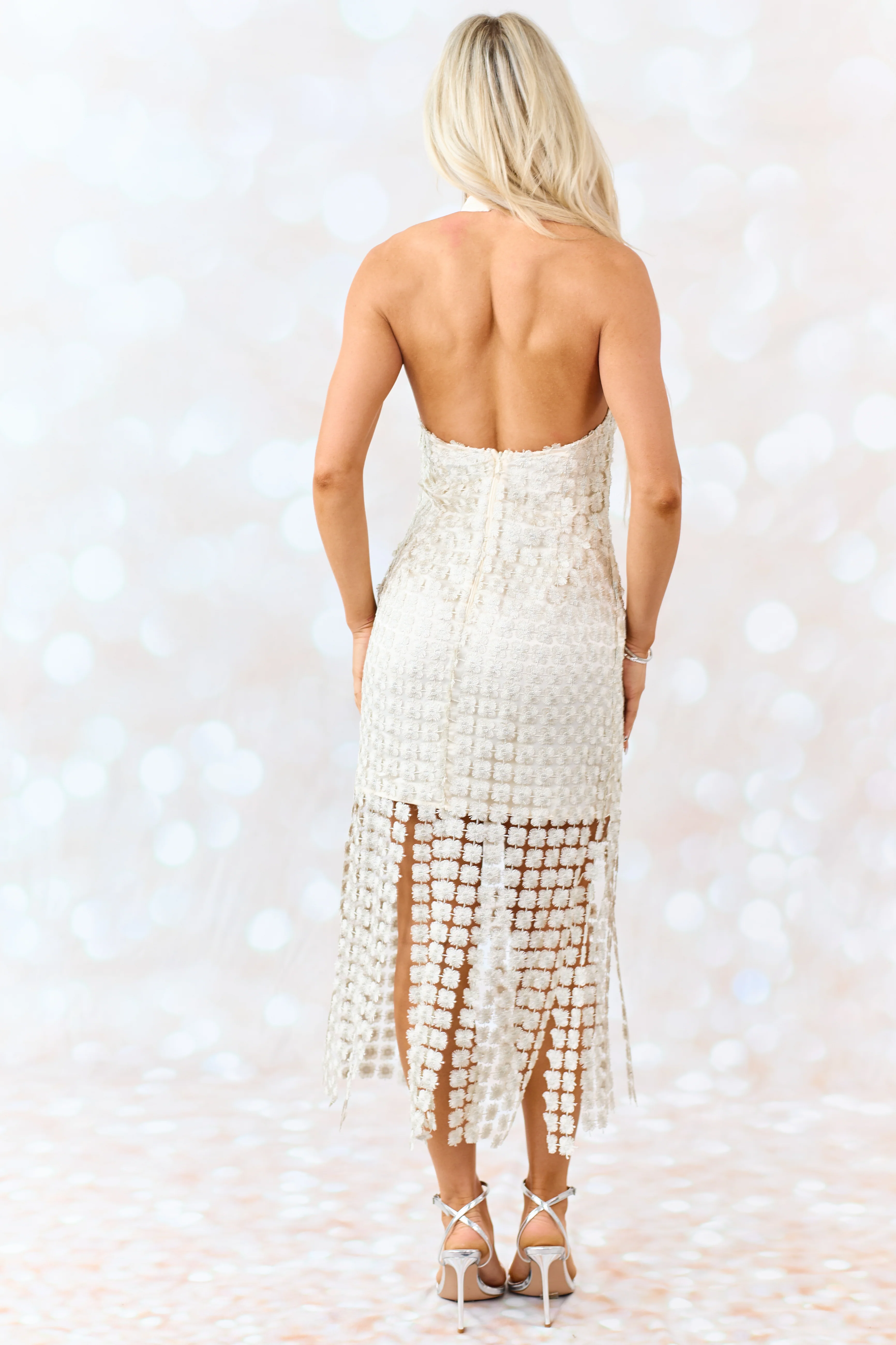 Champagne Floral Crochet Overlay Halter Midi Dress - Image 9