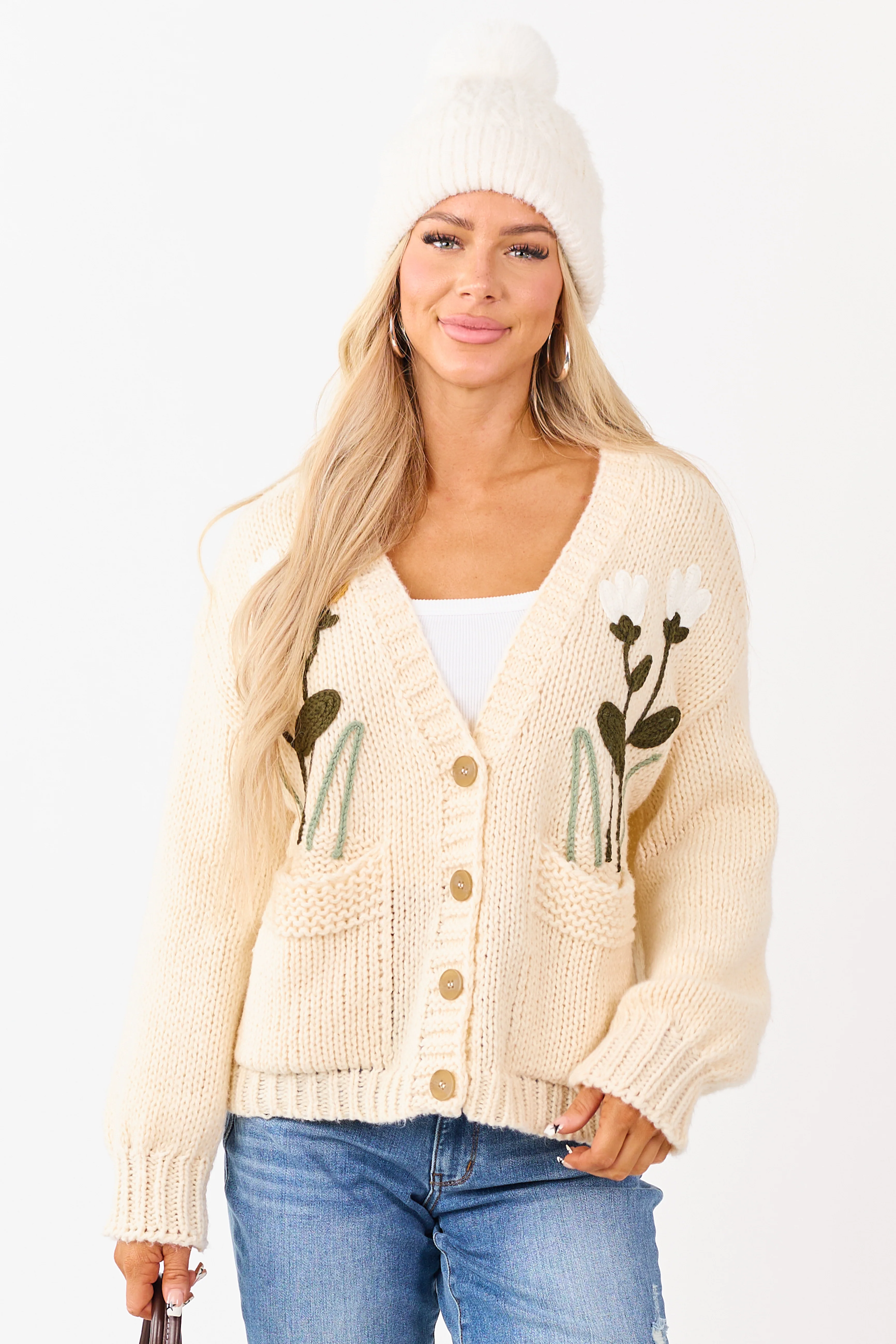 Champagne Floral Embroidery Button Up Knit Cardigan