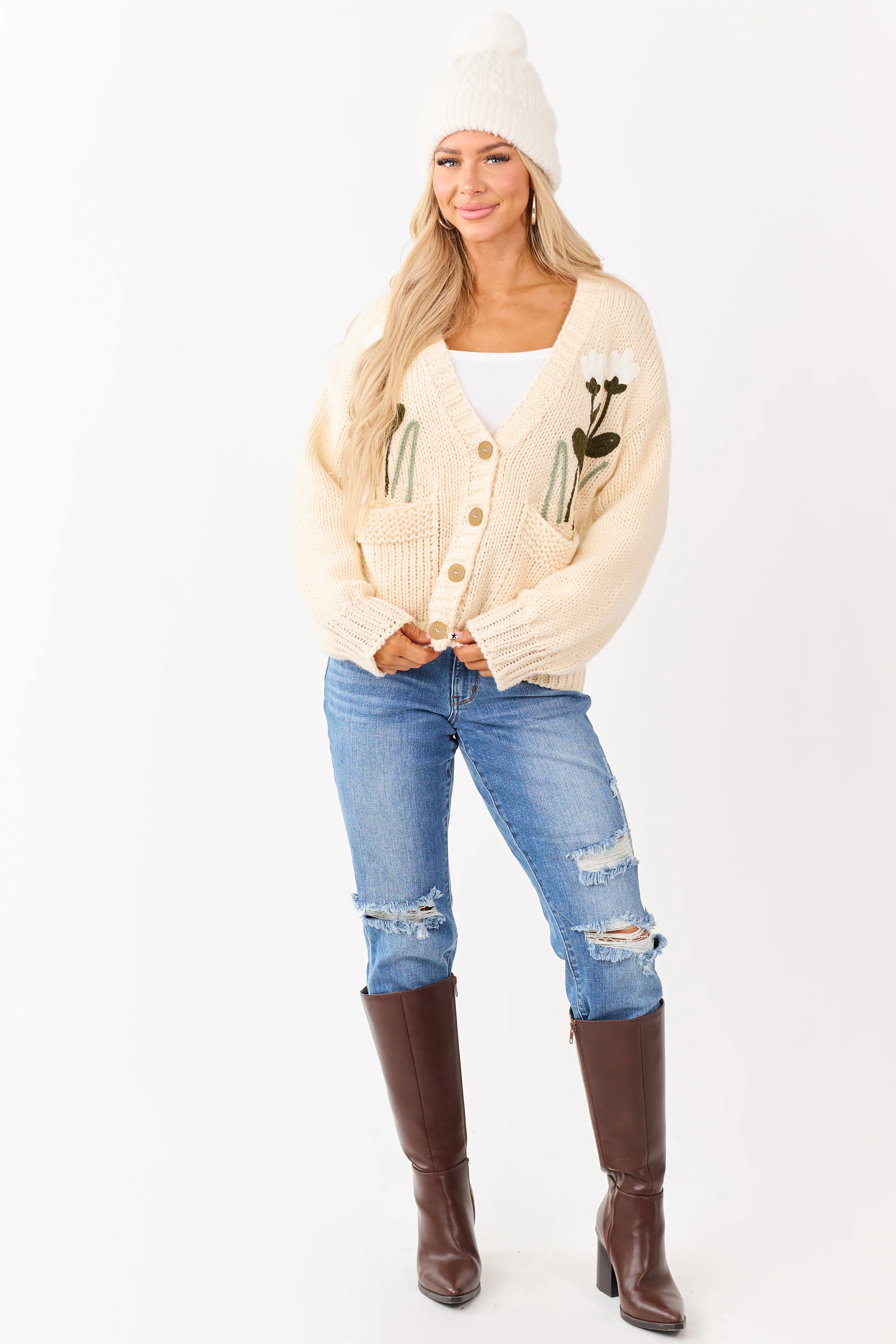 Champagne Floral Embroidery Button Up Knit Cardigan - Image 4