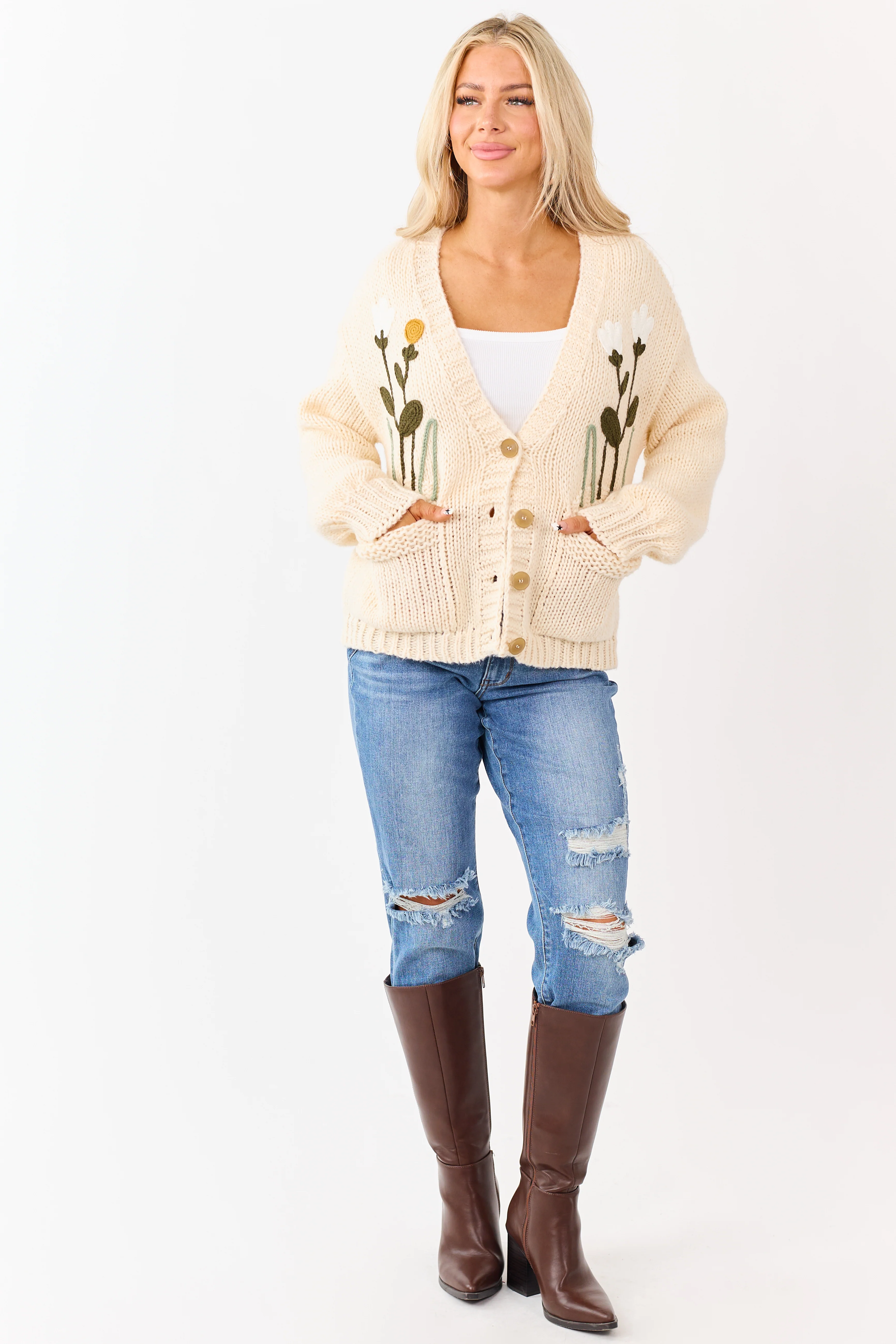 Champagne Floral Embroidery Button Up Knit Cardigan - Image 5