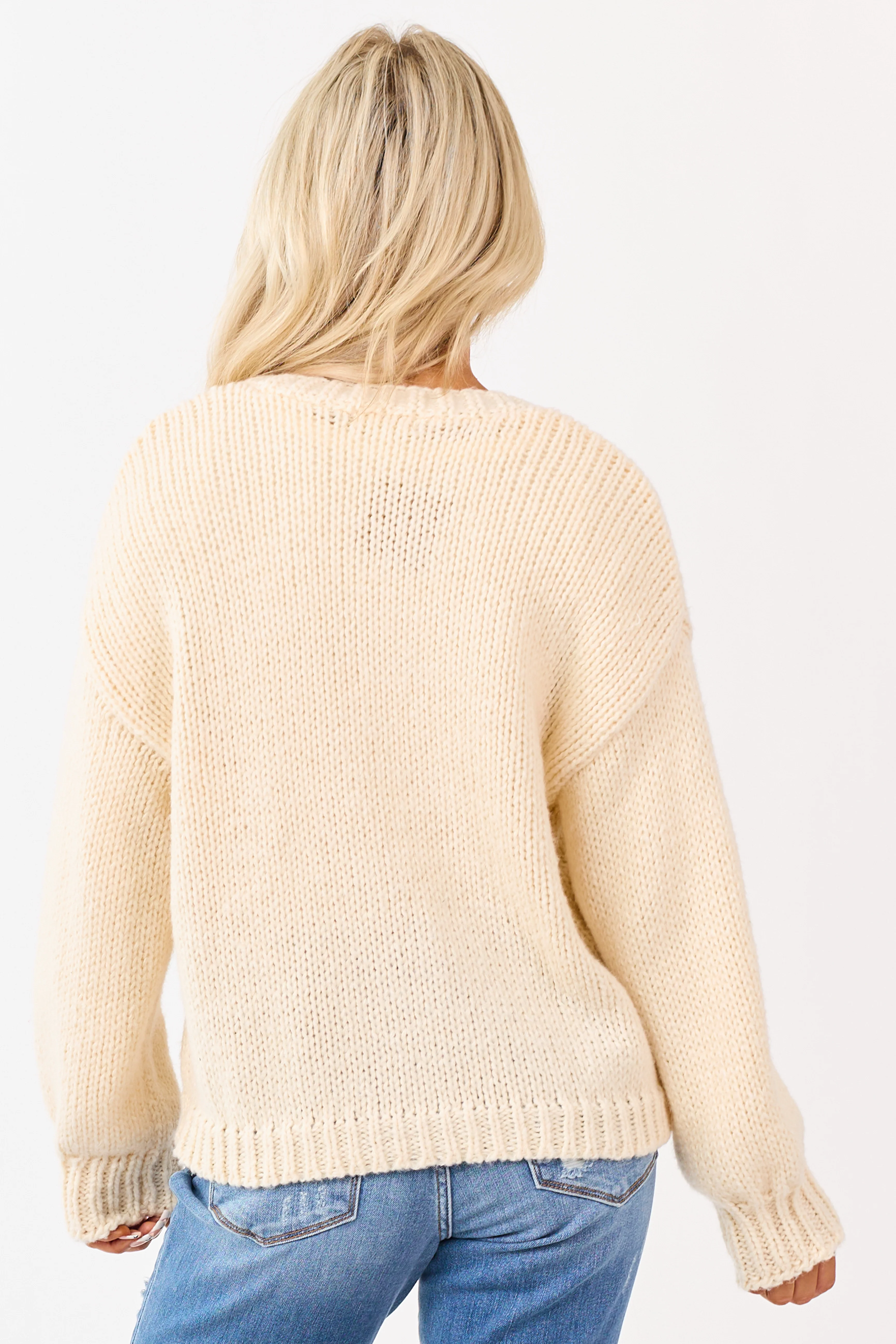 Champagne Floral Embroidery Button Up Knit Cardigan - Image 6