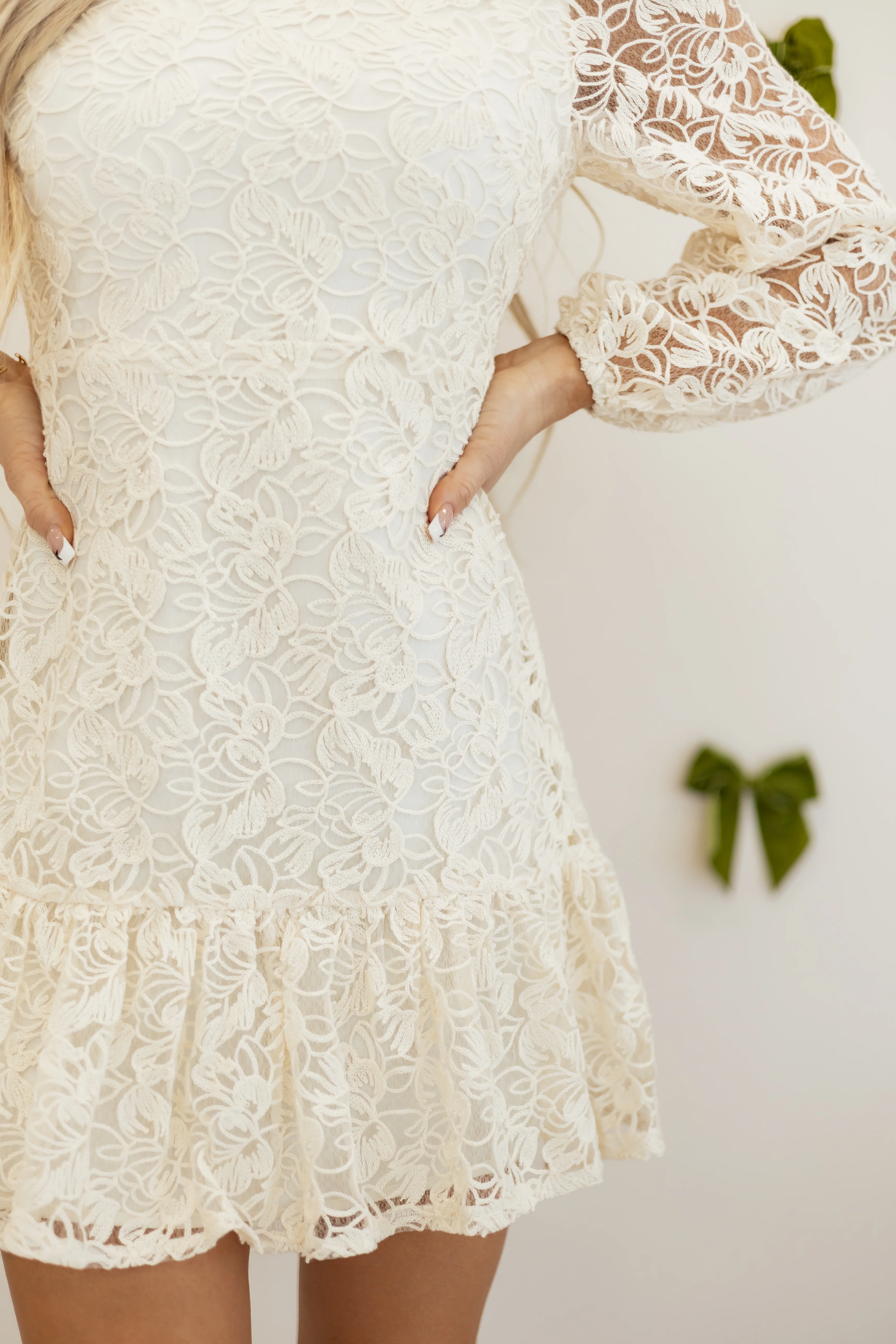 Champagne Floral Lace Long Sleeve Ruffle Hem Mini Dress - Image 10