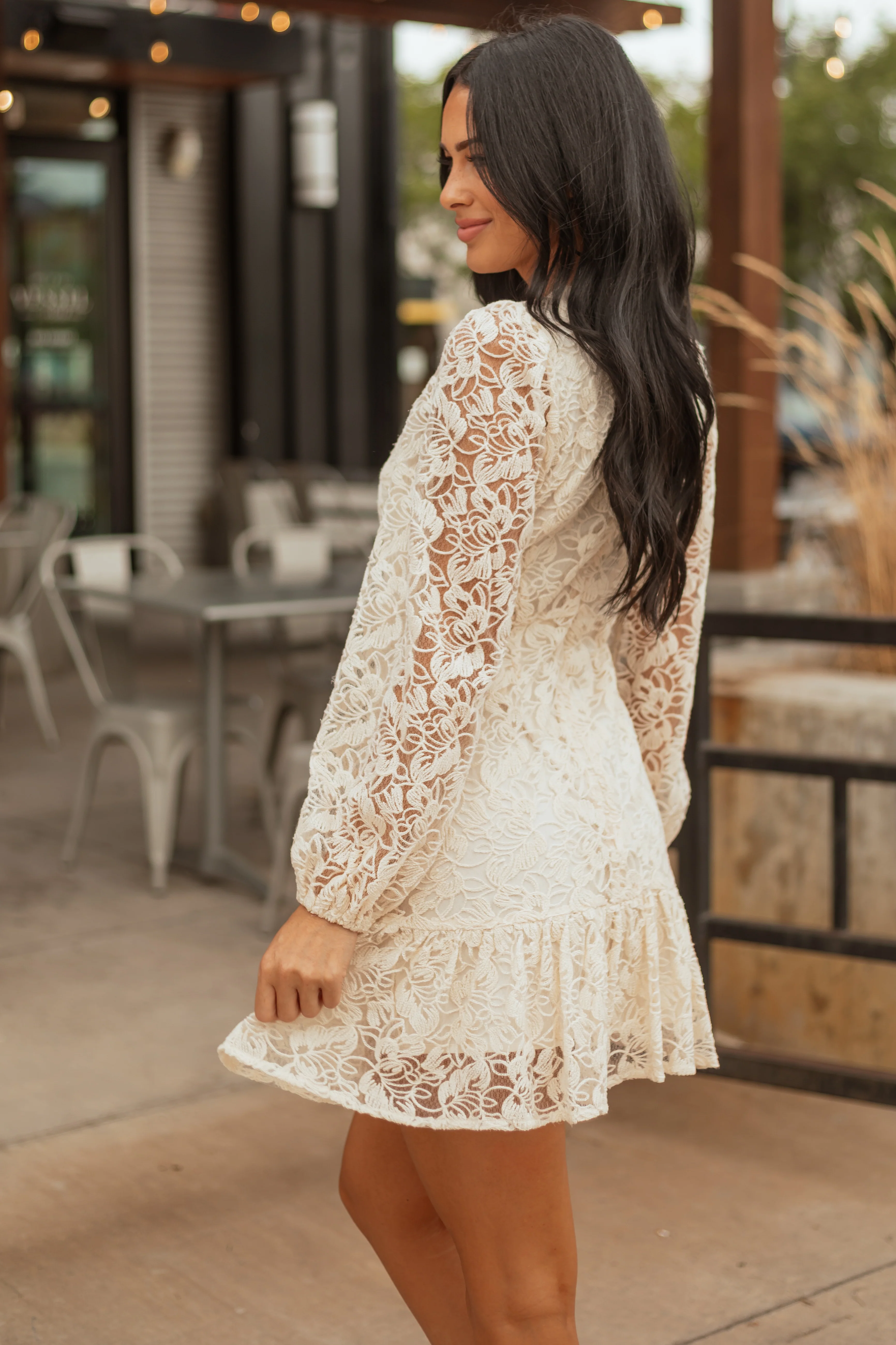 Champagne Floral Lace Long Sleeve Ruffle Hem Mini Dress - Image 4