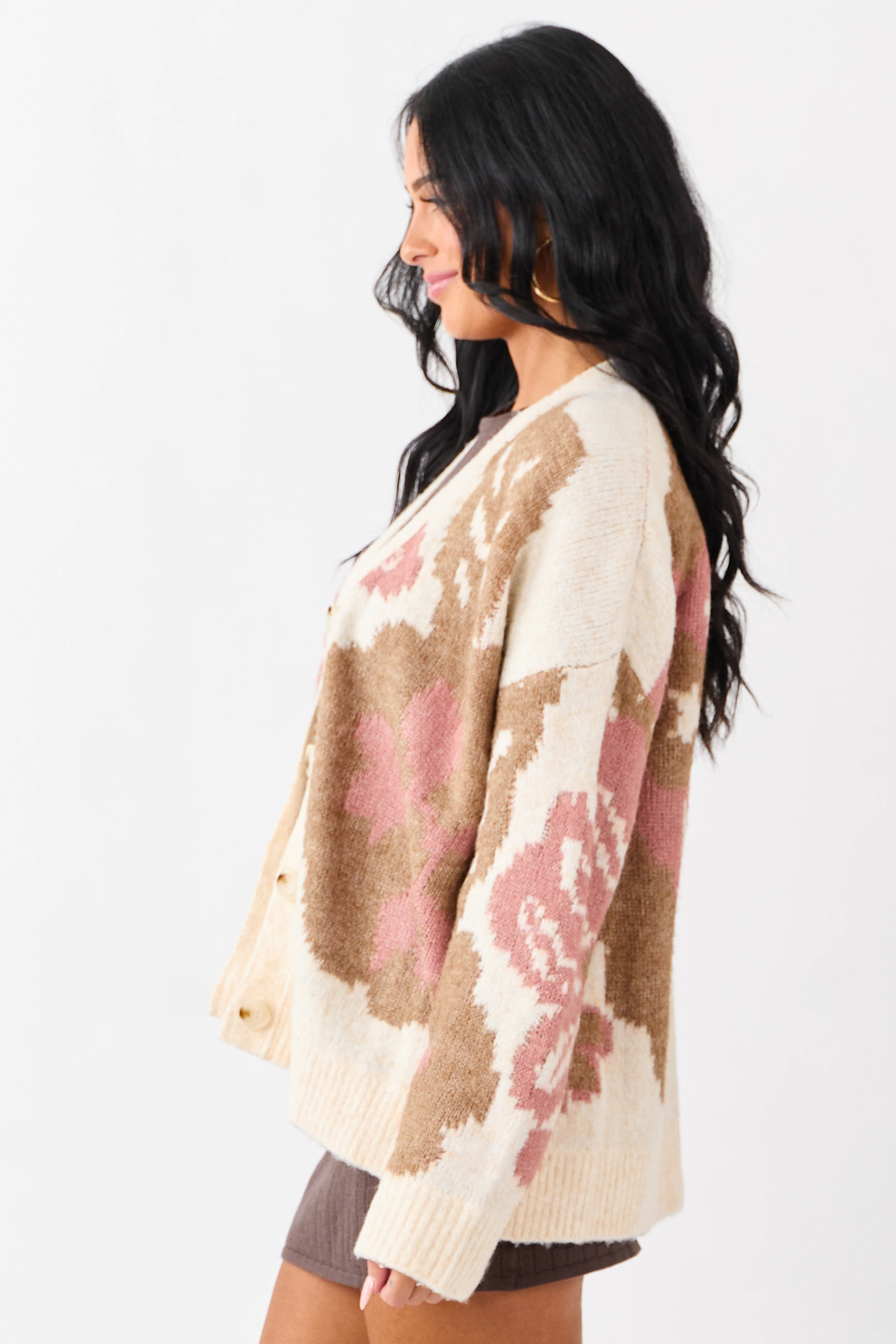 Champagne Floral Pattern Button Down Cardigan - Image 4