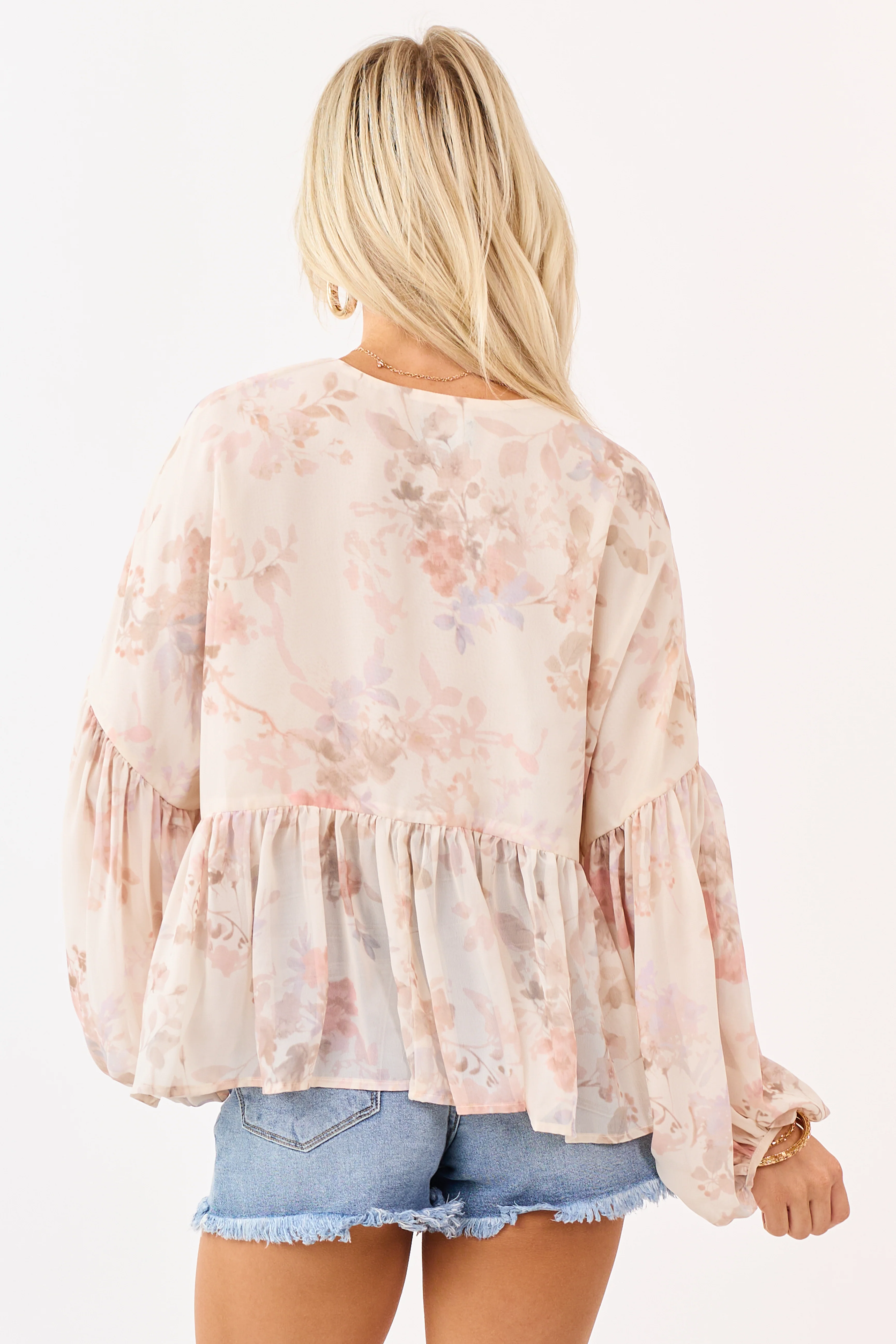 Champagne Floral Print Front Tie Flowy Chiffon Top - Image 5