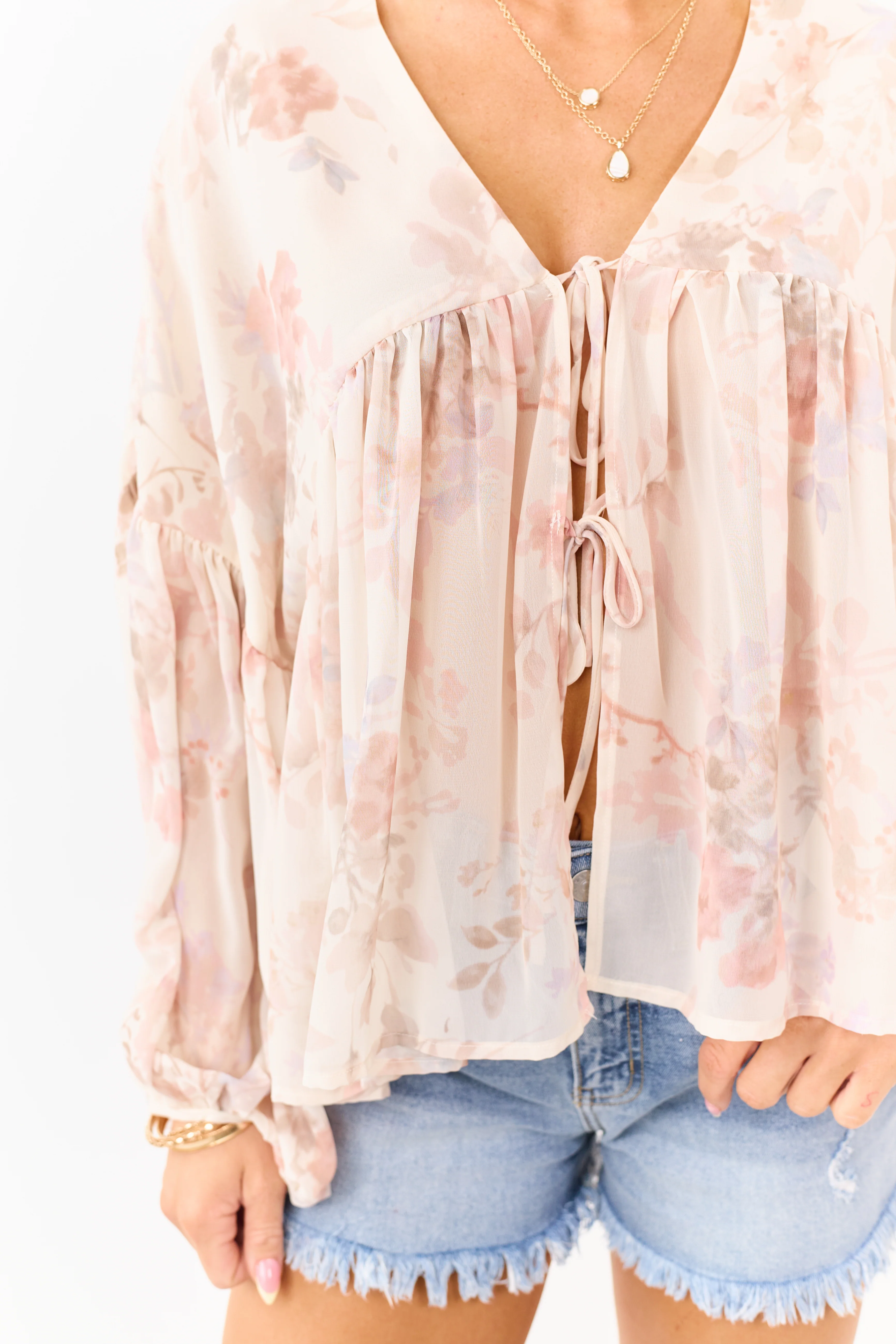 Champagne Floral Print Front Tie Flowy Chiffon Top - Image 6