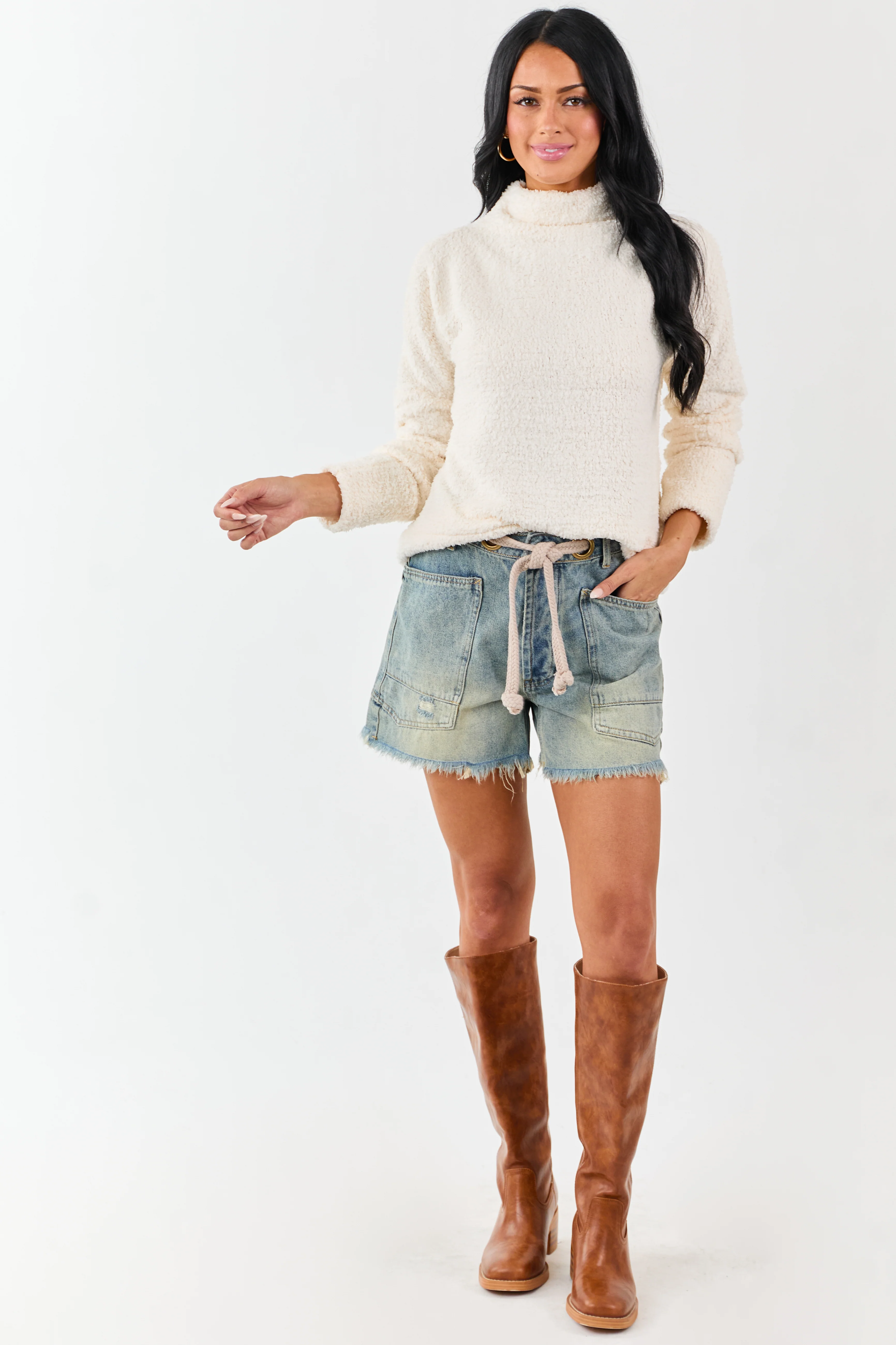 Champagne Fuzzy Soft Knit Mock Neck Sweater - Image 2