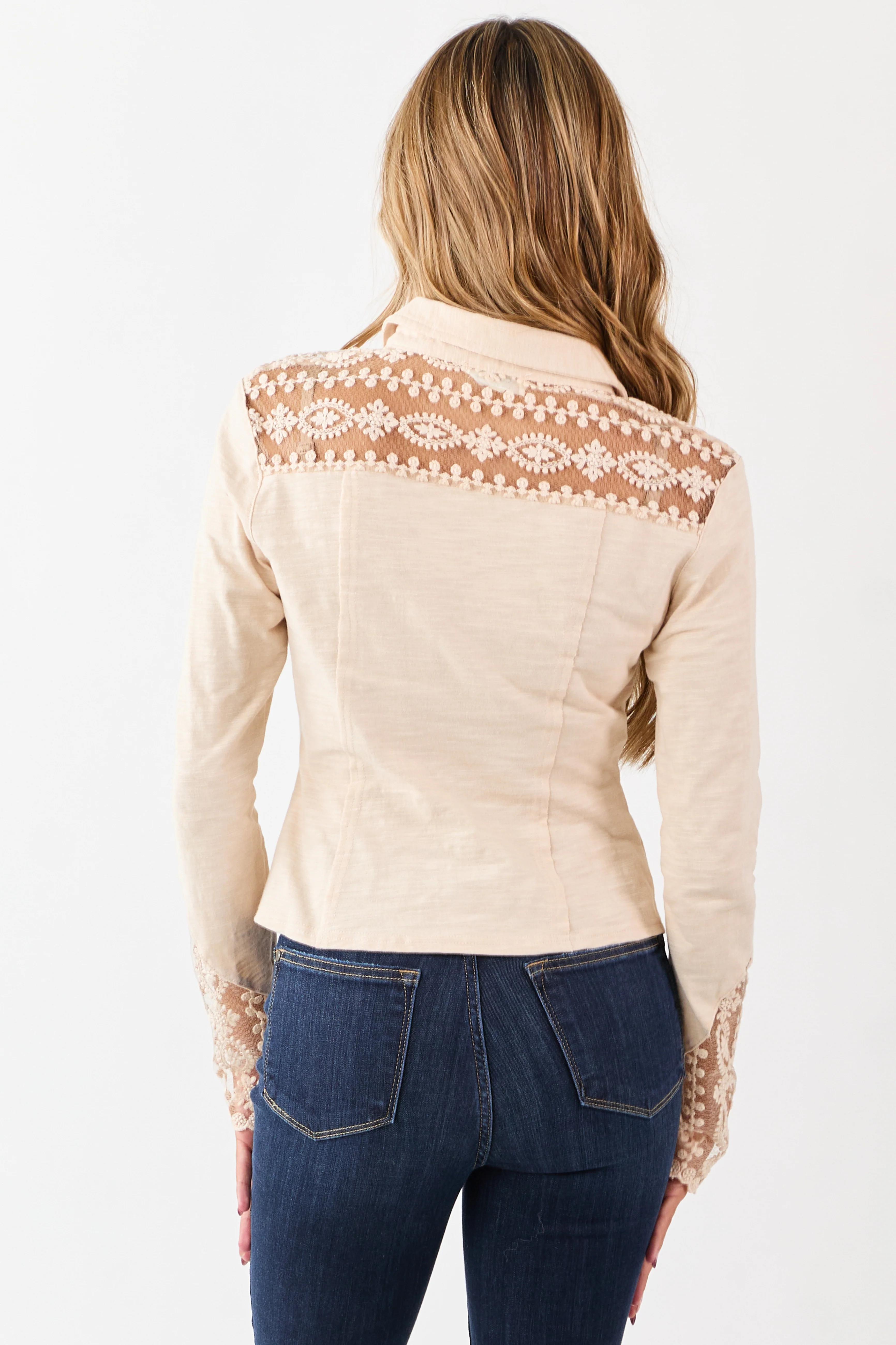 Champagne Lace Yoke and Sleeve Cotton Top - Image 7